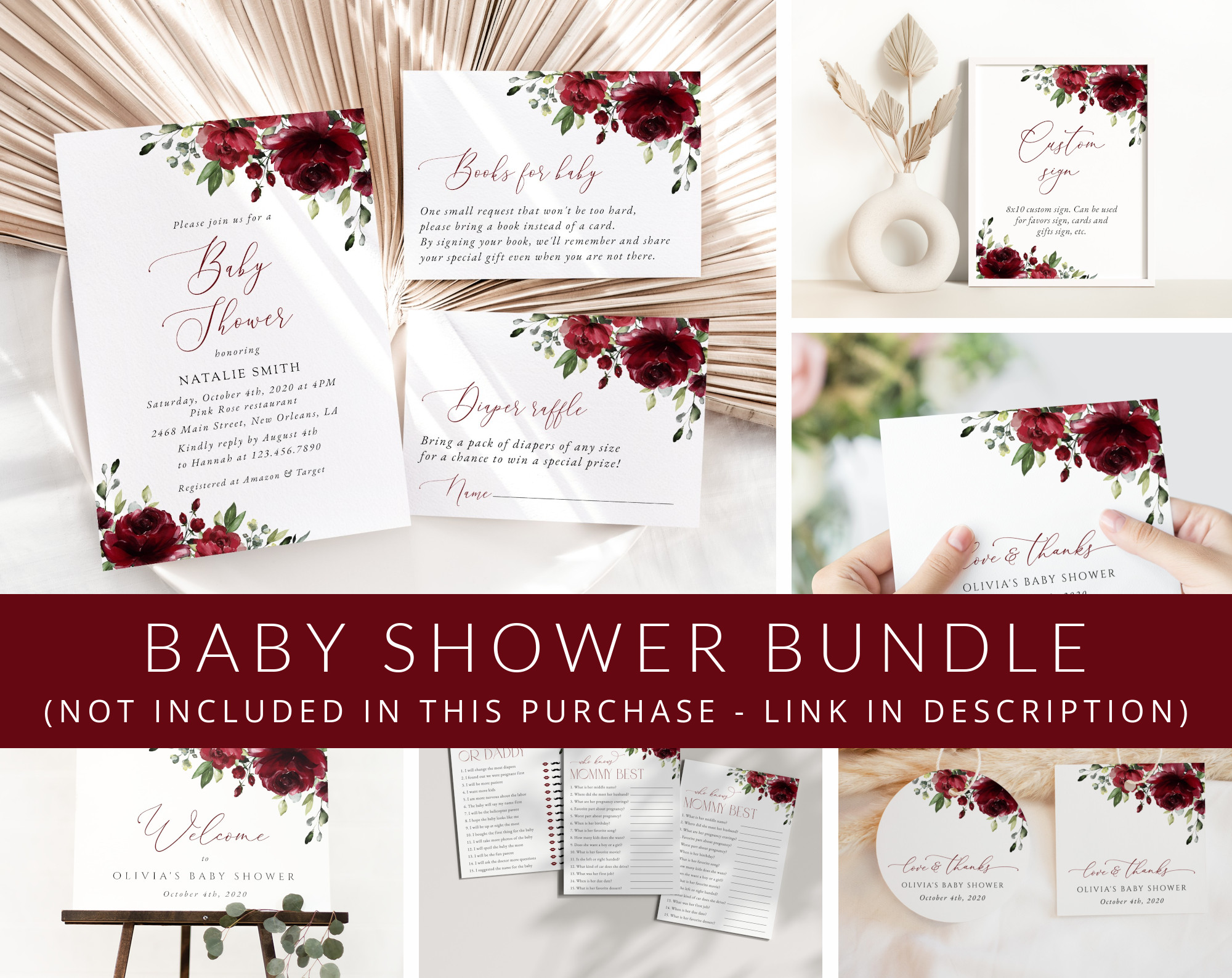 Burgundy Flowers Baby Shower Mini Bundle, Girl Baby Shower, Printable File, Edit Yourself, SH192 Burgundy Flowers Baby Shower Mini Bundle, Girl Baby Shower, Printable File, Edit Yourself, SH192
