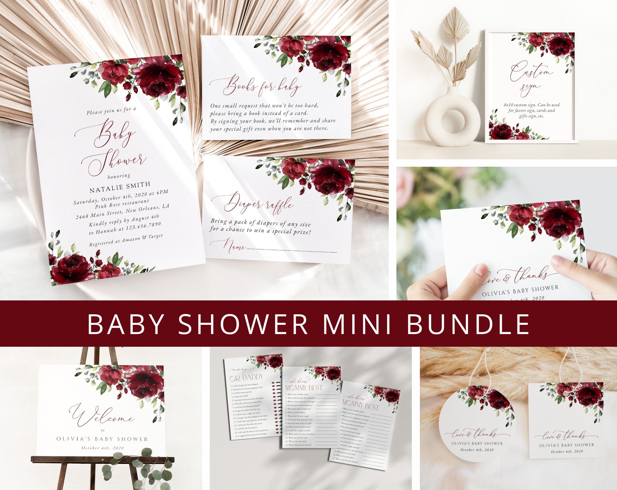 Burgundy Flowers Baby Shower Mini Bundle, Girl Baby Shower, Printable File, Edit Yourself, SH192 Burgundy Flowers Baby Shower Mini Bundle, Girl Baby Shower, Printable File, Edit Yourself, SH192