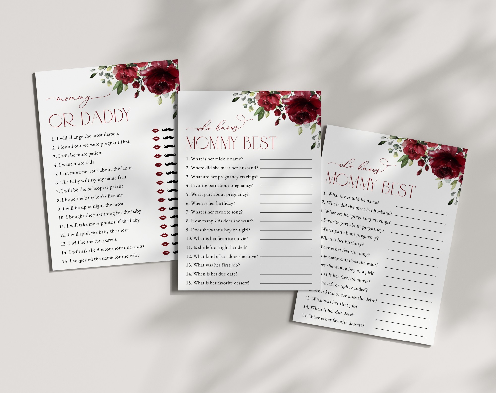 Burgundy Flowers Baby Shower Games, Set of 3 Games, Girl Baby Shower, Printable File, Edit Yourself, SH192