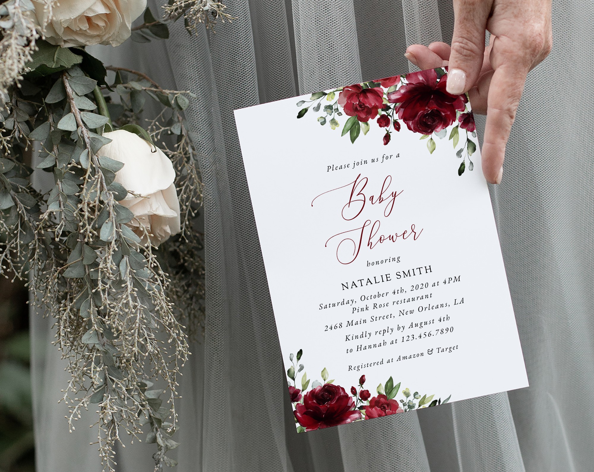 Burgundy Flowers Baby Shower Invitation, Girl Baby Shower, Printable File, Edit Yourself, SH192 Burgundy Flowers Baby Shower Invitation, Girl Baby Shower, Printable File, Edit Yourself, SH192