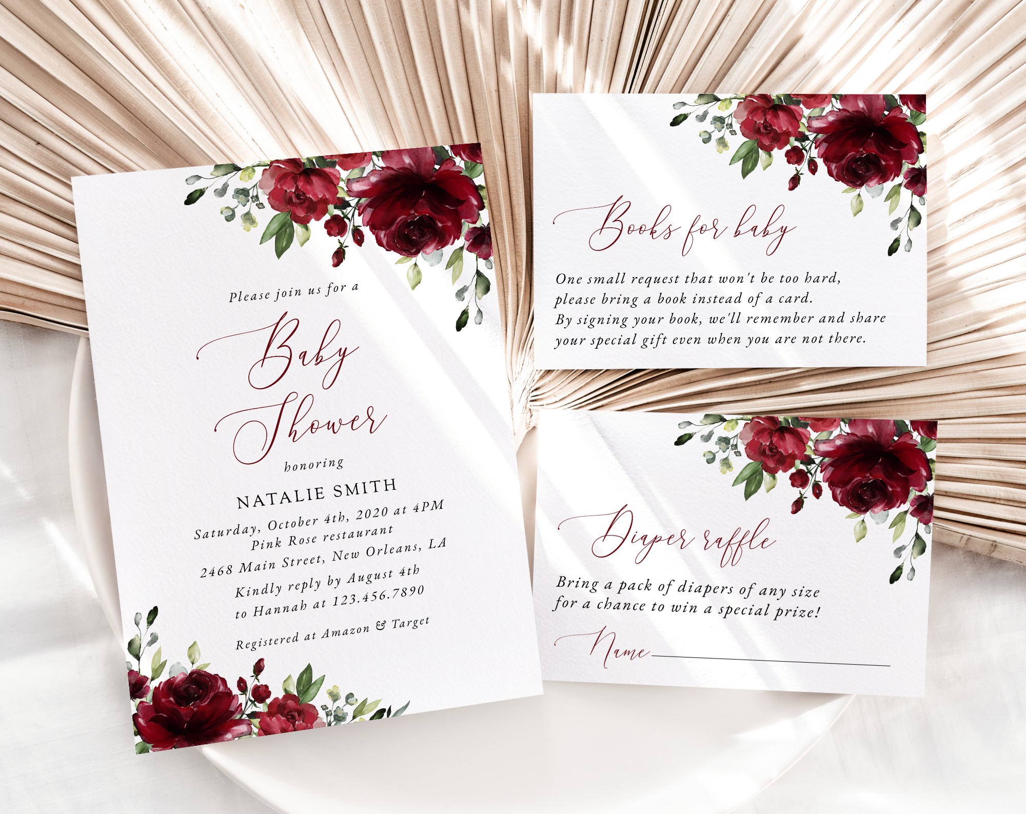 Burgundy Flowers Baby Shower Invitation Suite, Girl Baby Shower, Printable File, Edit Yourself, SH192
