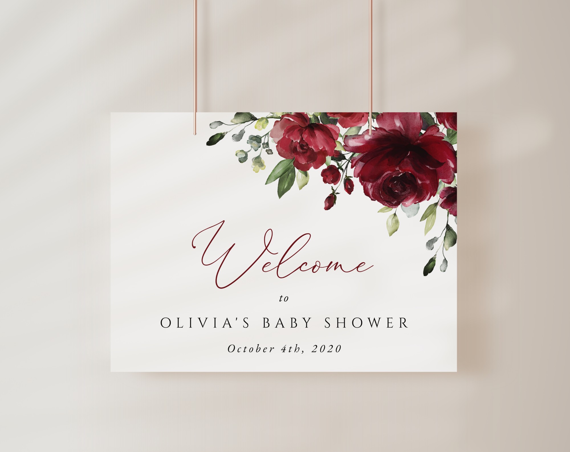 Burgundy Flowers Welcome Sign, Baby Shower Sign, Girl Baby Shower, Printable File, Edit Yourself, SH192