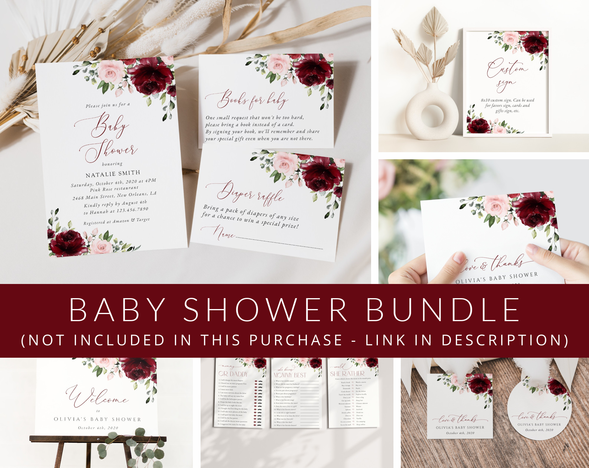 Burgundy and Blush Flowers Baby Shower Mini Bundle, Girl Baby Shower, Printable File, Edit Yourself, SH193