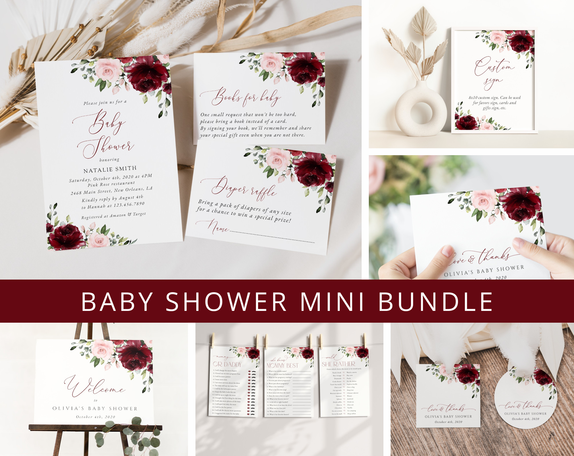 Burgundy and Blush Flowers Baby Shower Mini Bundle, Girl Baby Shower, Printable File, Edit Yourself, SH193 Burgundy and Blush Flowers Baby Shower Mini Bundle, Girl Baby Shower, Printable File, Edit Yourself, SH193