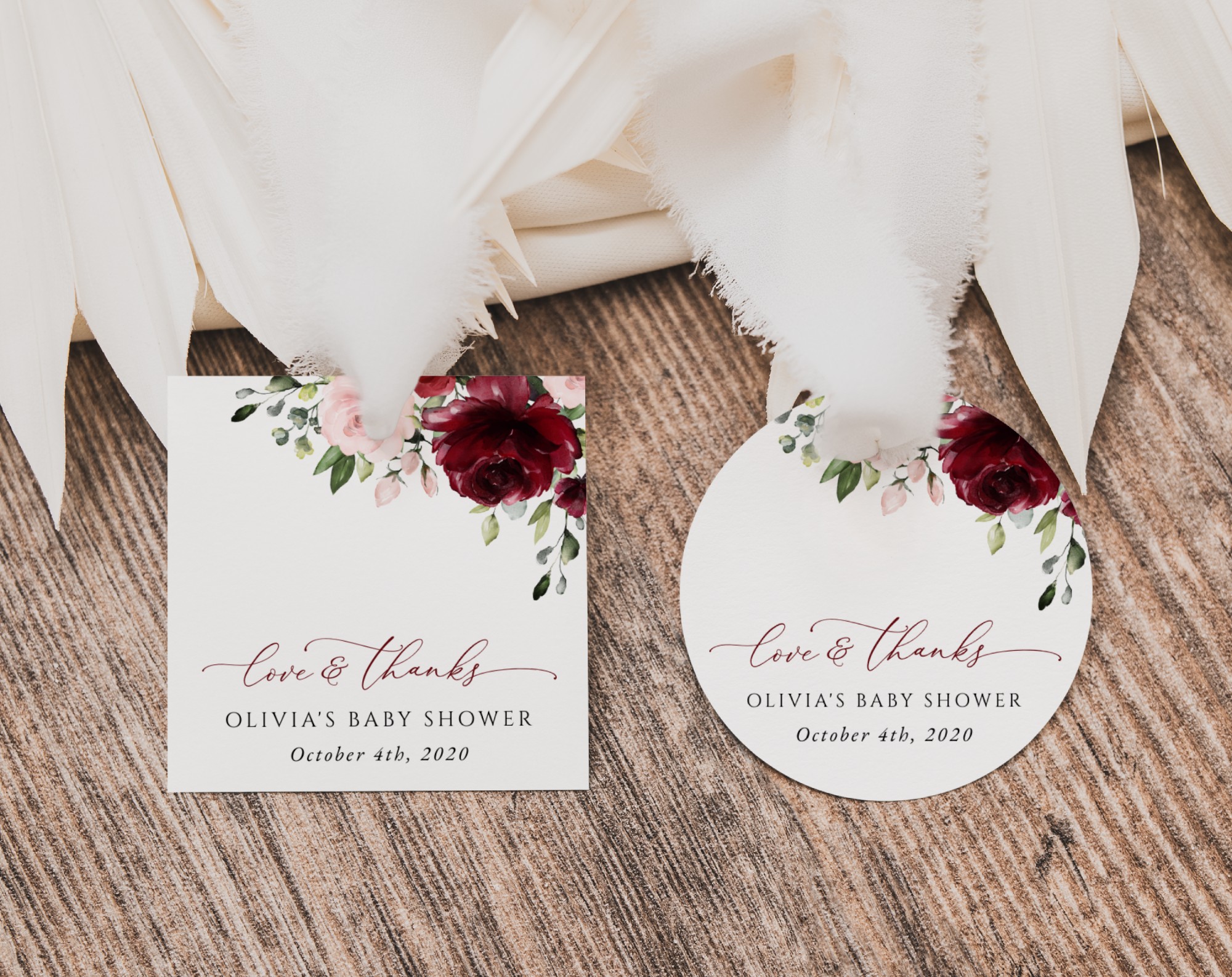 Burgundy and Blush Flowers Favor Tags, Gift Tags, Party Tags, Girl Baby Shower, Printable File, Edit Yourself, SH193