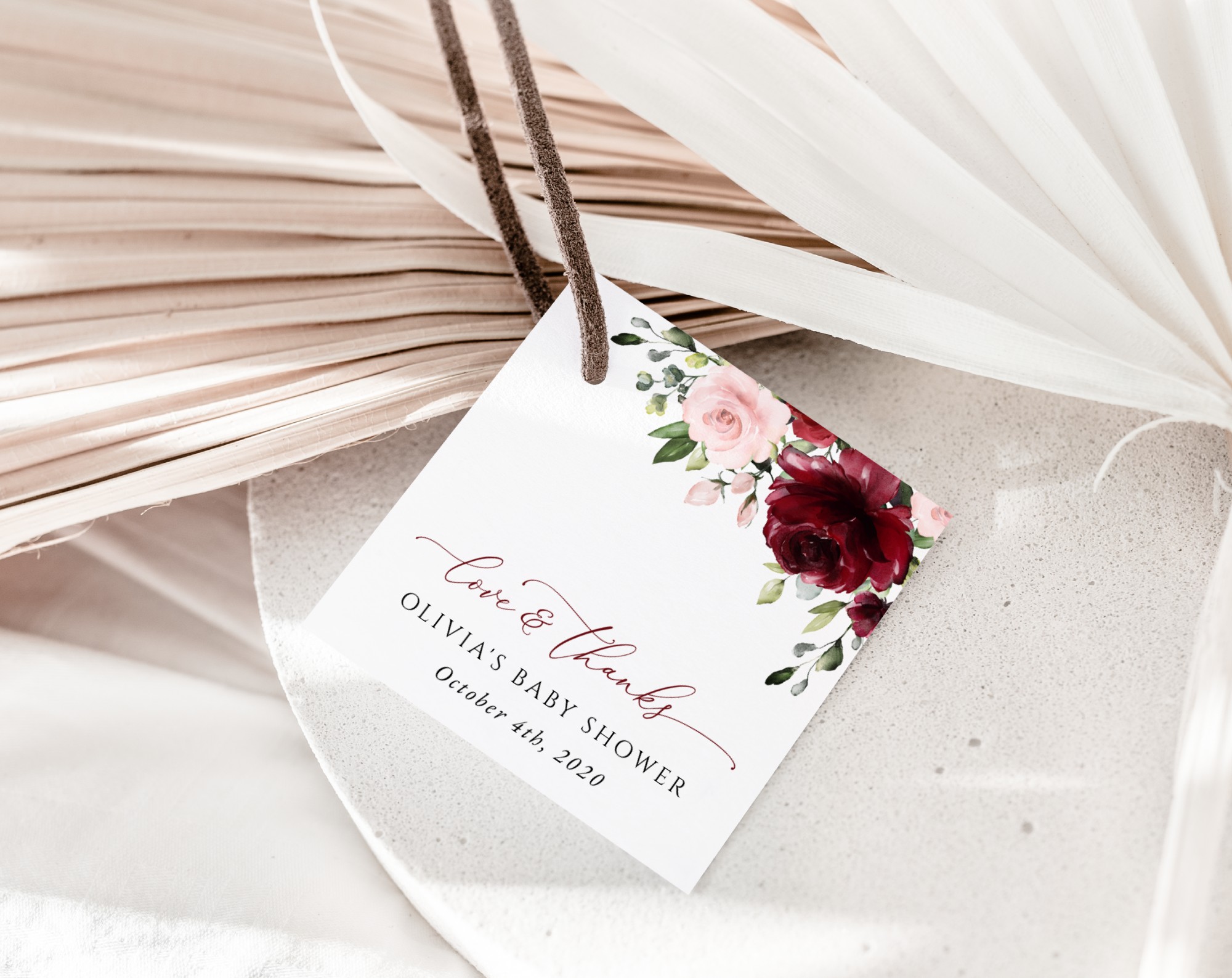 Burgundy and Blush Flowers Favor Tags, Gift Tags, Party Tags, Girl Baby Shower, Printable File, Edit Yourself, SH193