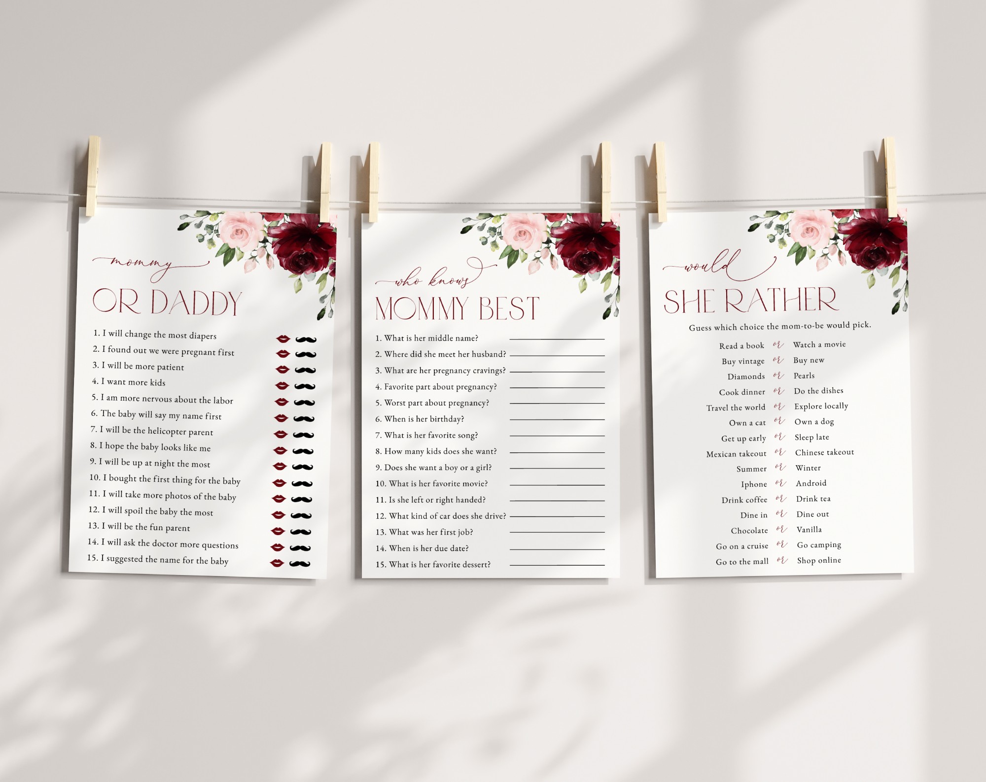 Burgundy and Blush Flowers Baby Shower Games, Set of 3 Games, Girl Baby Shower, Printable File, Edit Yourself, SH193