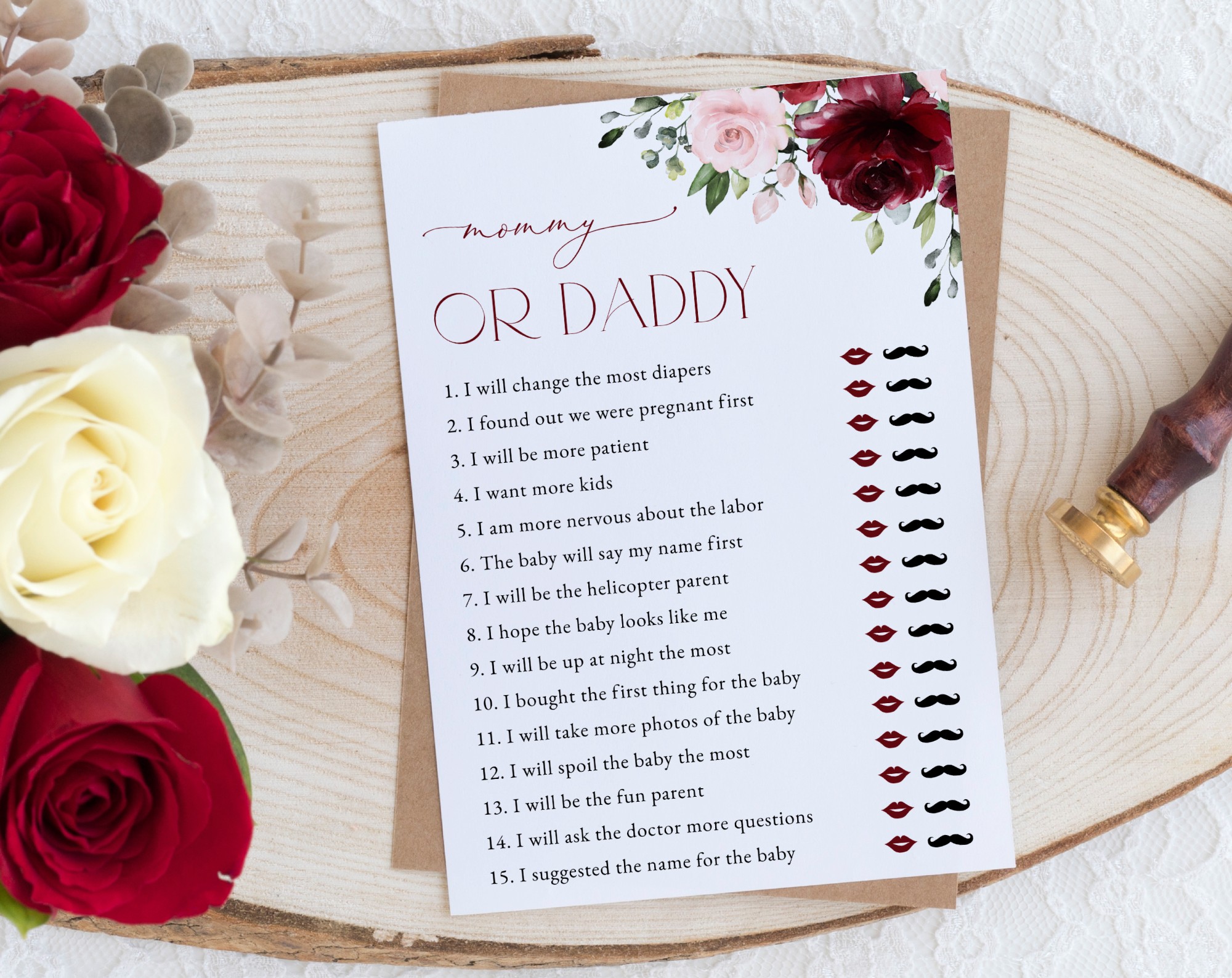 Burgundy and Blush Flowers Baby Shower Games, Set of 3 Games, Girl Baby Shower, Printable File, Edit Yourself, SH193