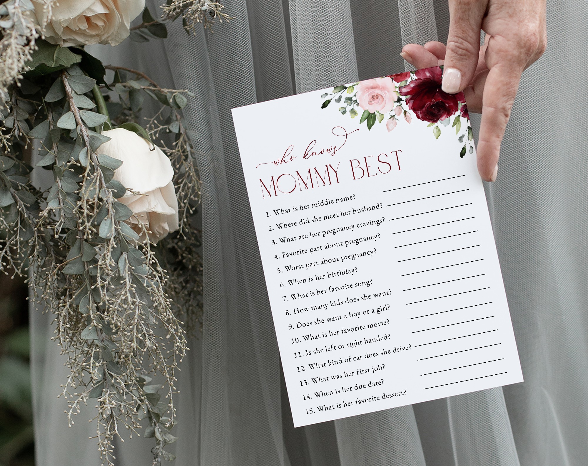 Burgundy and Blush Flowers Baby Shower Games, Set of 3 Games, Girl Baby Shower, Printable File, Edit Yourself, SH193