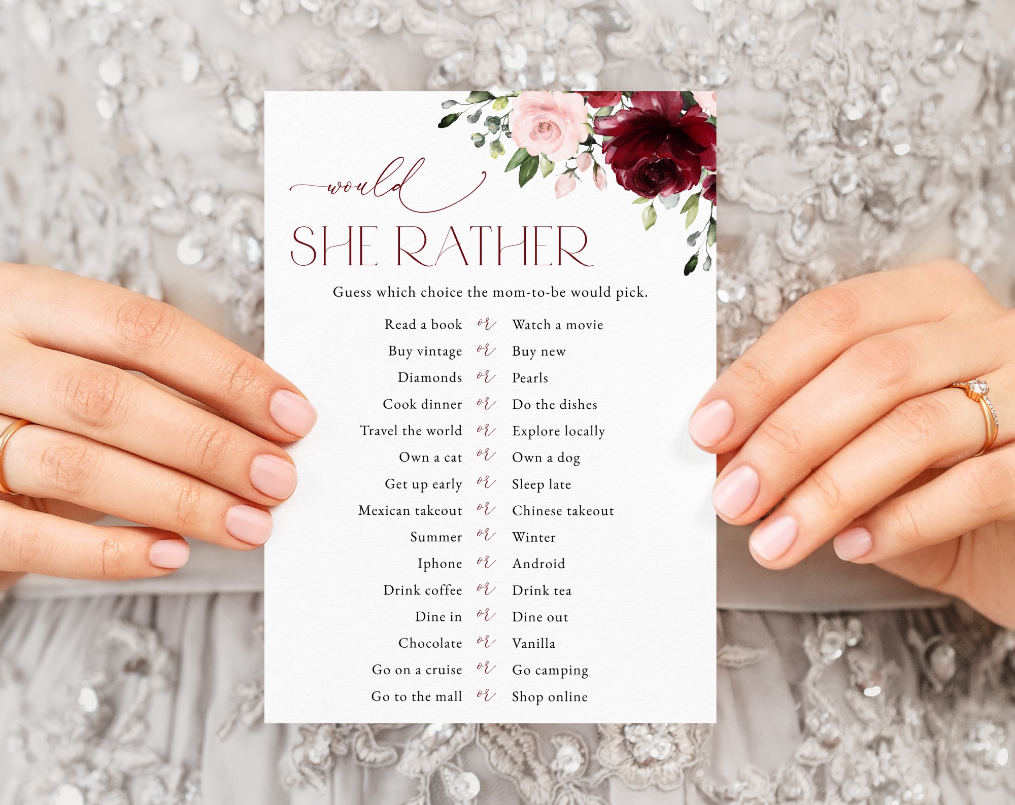Burgundy and Blush Flowers Baby Shower Games, Set of 3 Games, Girl Baby Shower, Printable File, Edit Yourself, SH193