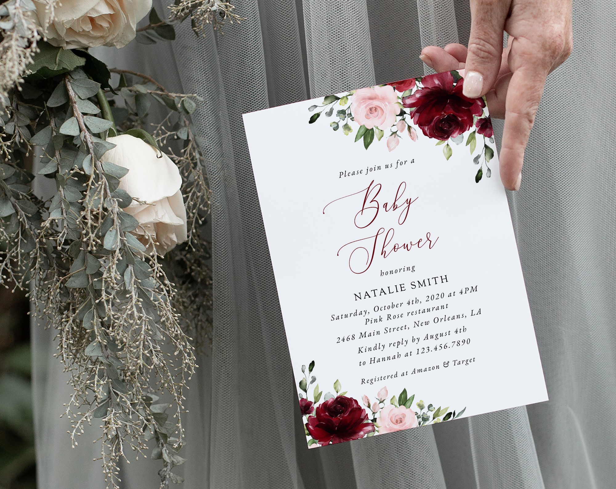 Burgundy and Blush Flowers Baby Shower Invitation, Girl Baby Shower, Printable File, Edit Yourself, SH193