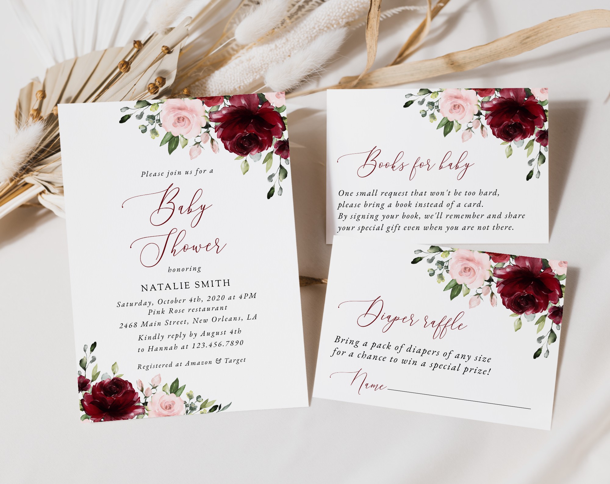 Burgundy and Blush Flowers Baby Shower Invitation Suite, Girl Baby Shower, Printable File, Edit Yourself, SH193