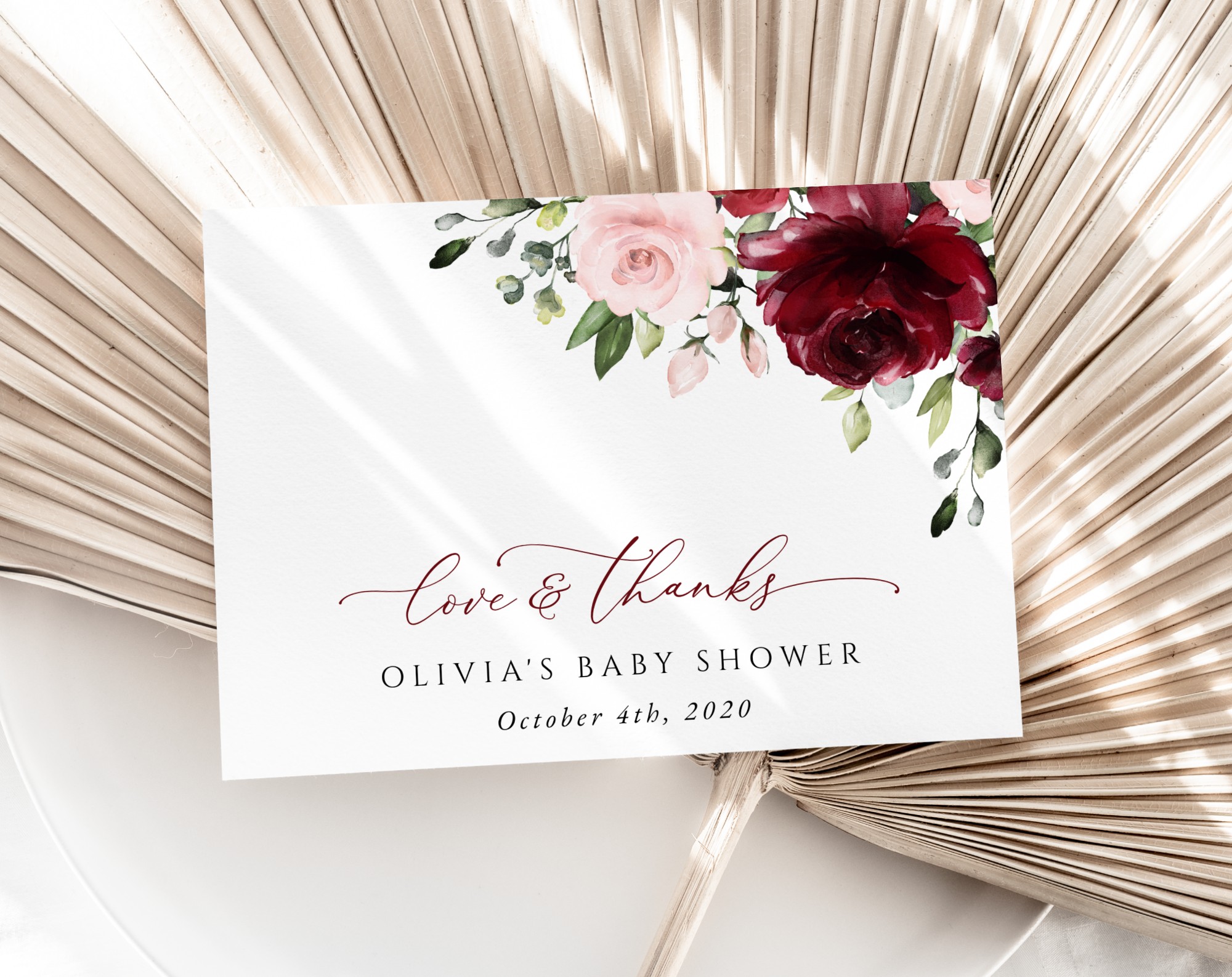 Burgundy and Blush Flowers Thank You Card, Girl Baby Shower, Printable File, Edit Yourself, SH193