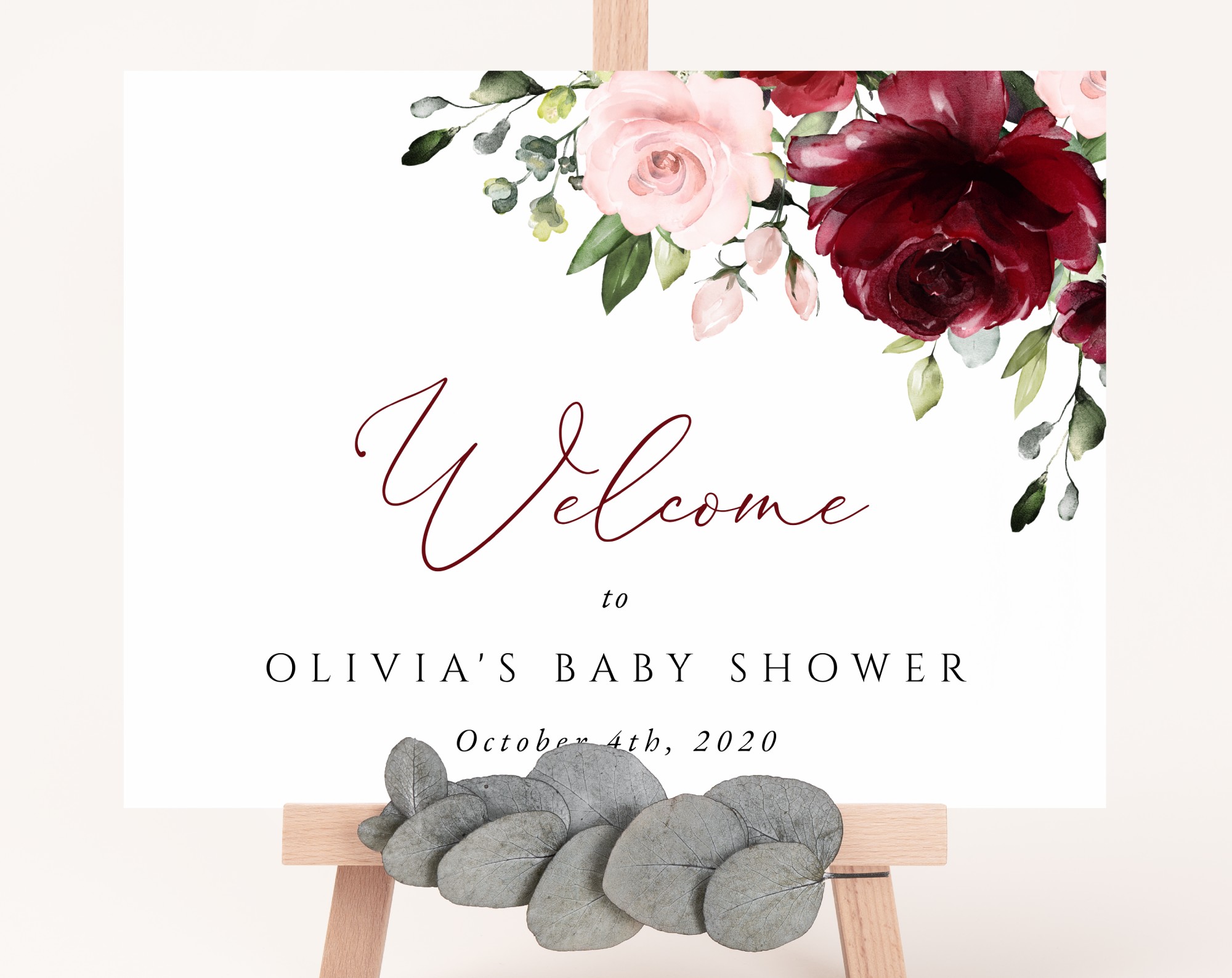 Burgundy and Blush Flowers Welcome Sign, Baby Shower Sign, Girl Baby Shower, Printable File, Edit Yourself, SH193