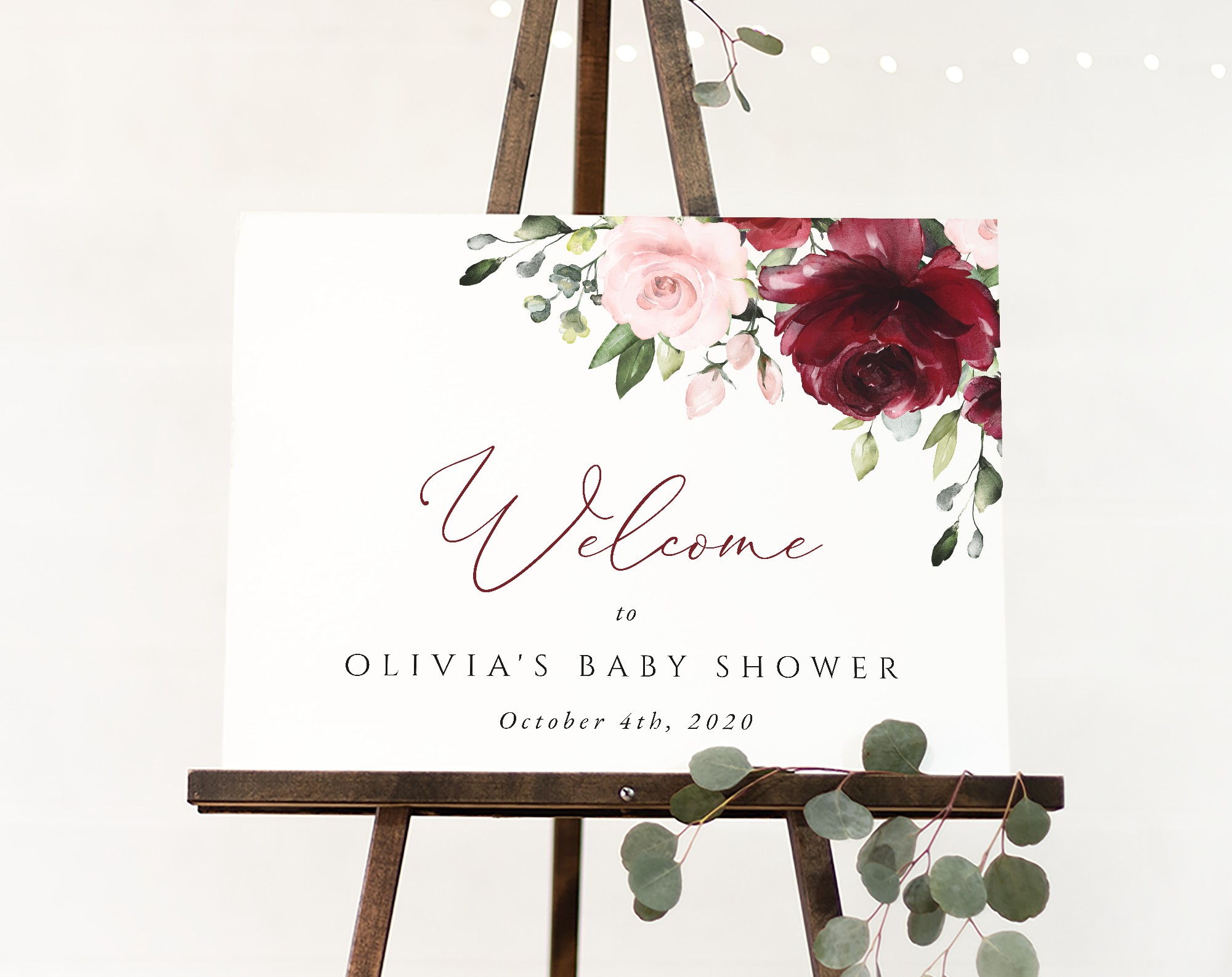 Burgundy and Blush Flowers Welcome Sign, Baby Shower Sign, Girl Baby Shower, Printable File, Edit Yourself, SH193