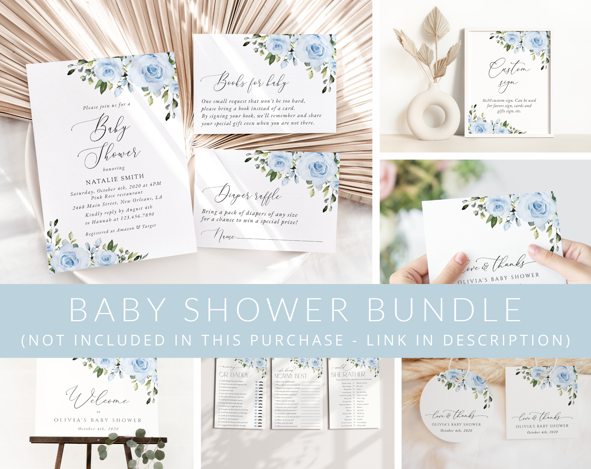 Dusty Blue Flowers Baby Shower Mini Bundle, Girl Baby Shower, Printable File, Edit Yourself, SH194