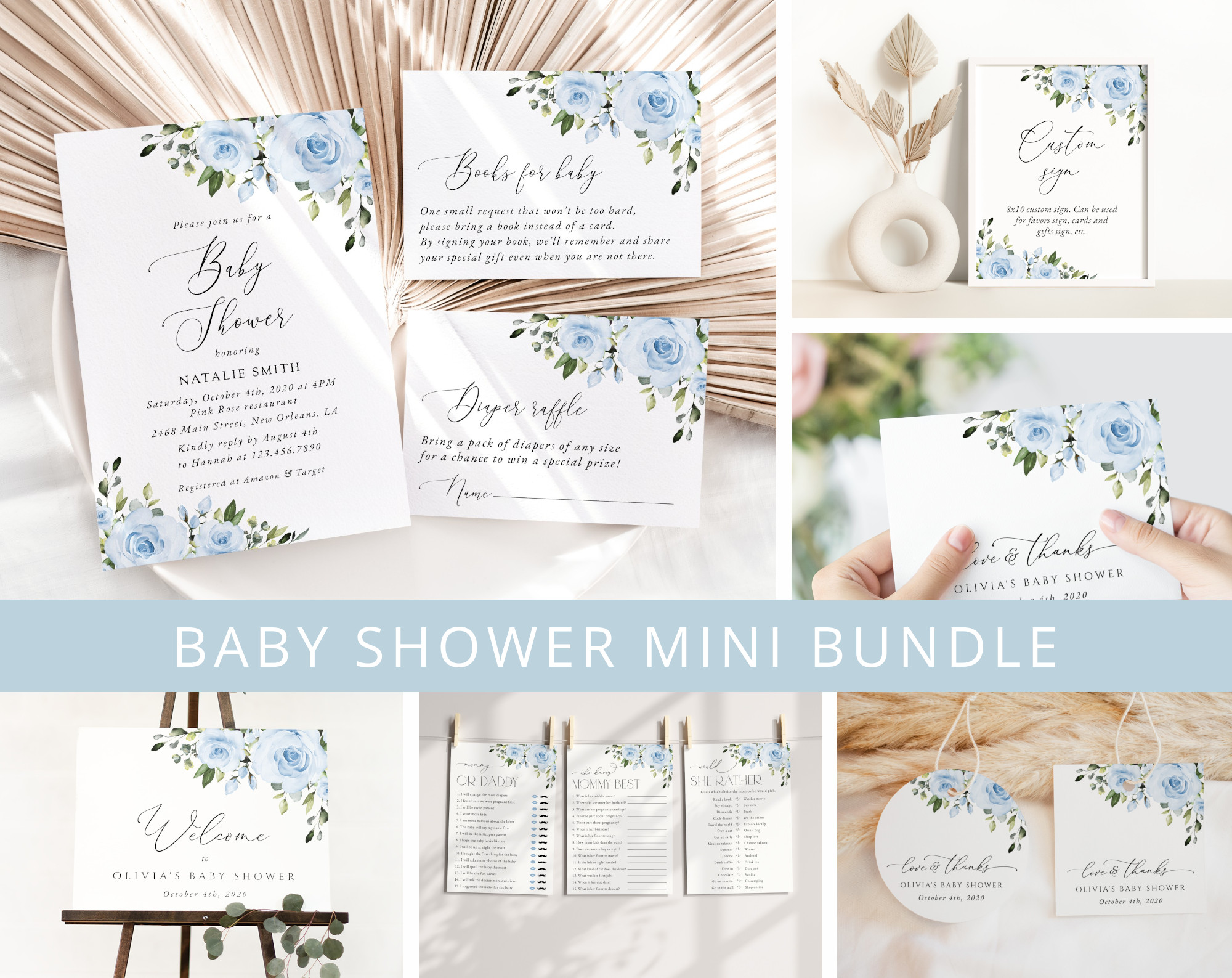 Dusty Blue Flowers Baby Shower Mini Bundle, Girl Baby Shower, Printable File, Edit Yourself, SH194 Dusty Blue Flowers Baby Shower Mini Bundle, Girl Baby Shower, Printable File, Edit Yourself, SH194
