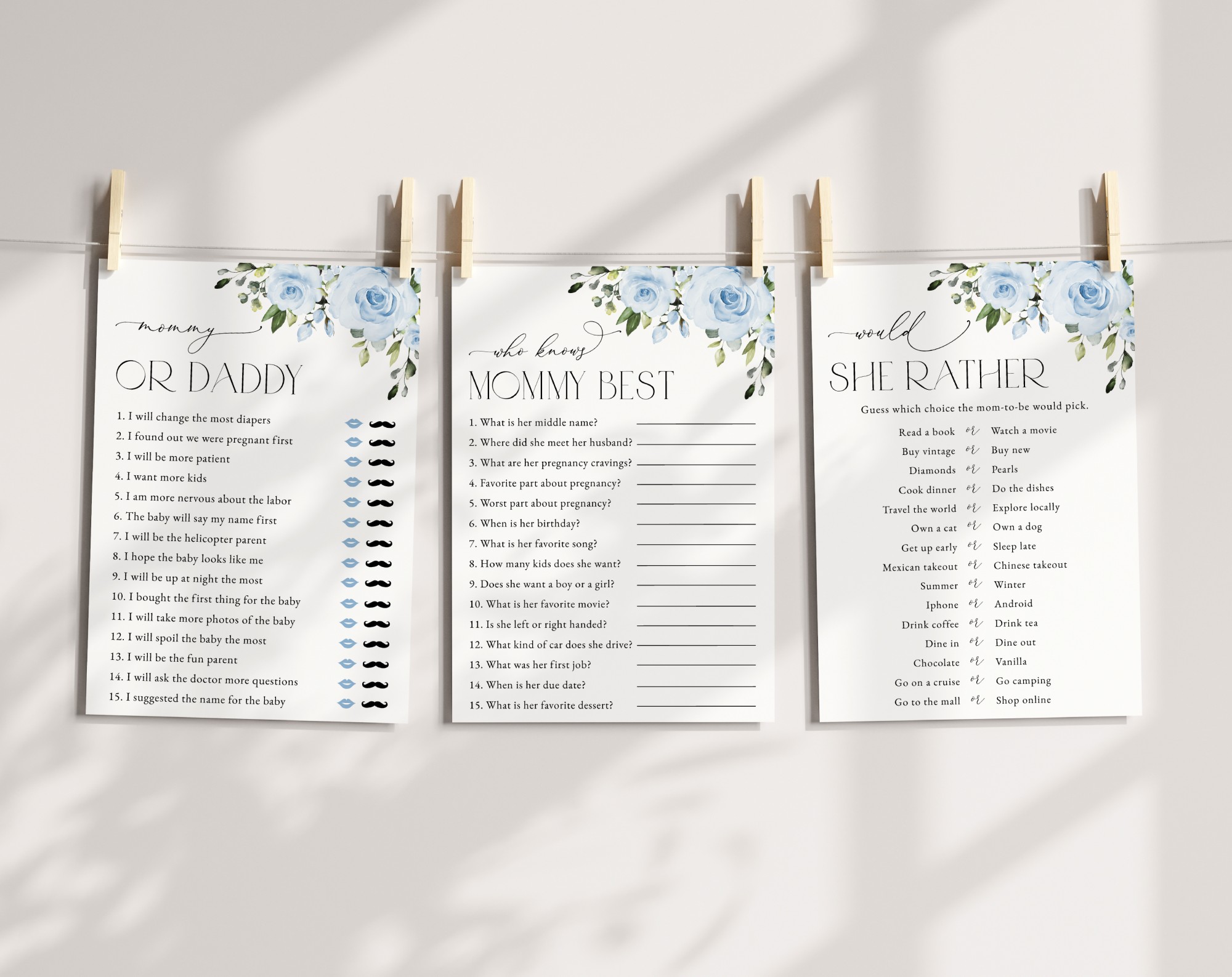 Dusty Blue Flowers Baby Shower Games, Set of 3 Games, Girl Baby Shower, Printable File, Edit Yourself, SH194