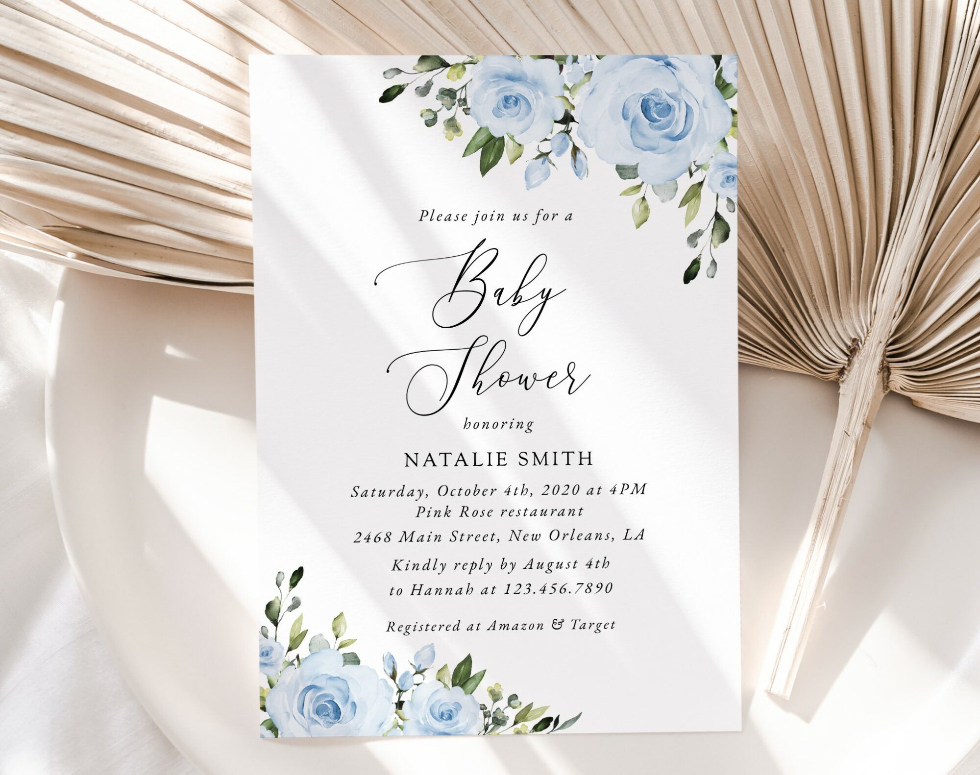 Dusty Blue Flowers Baby Shower Invitation, Girl Baby Shower, Printable File, Edit Yourself, SH194