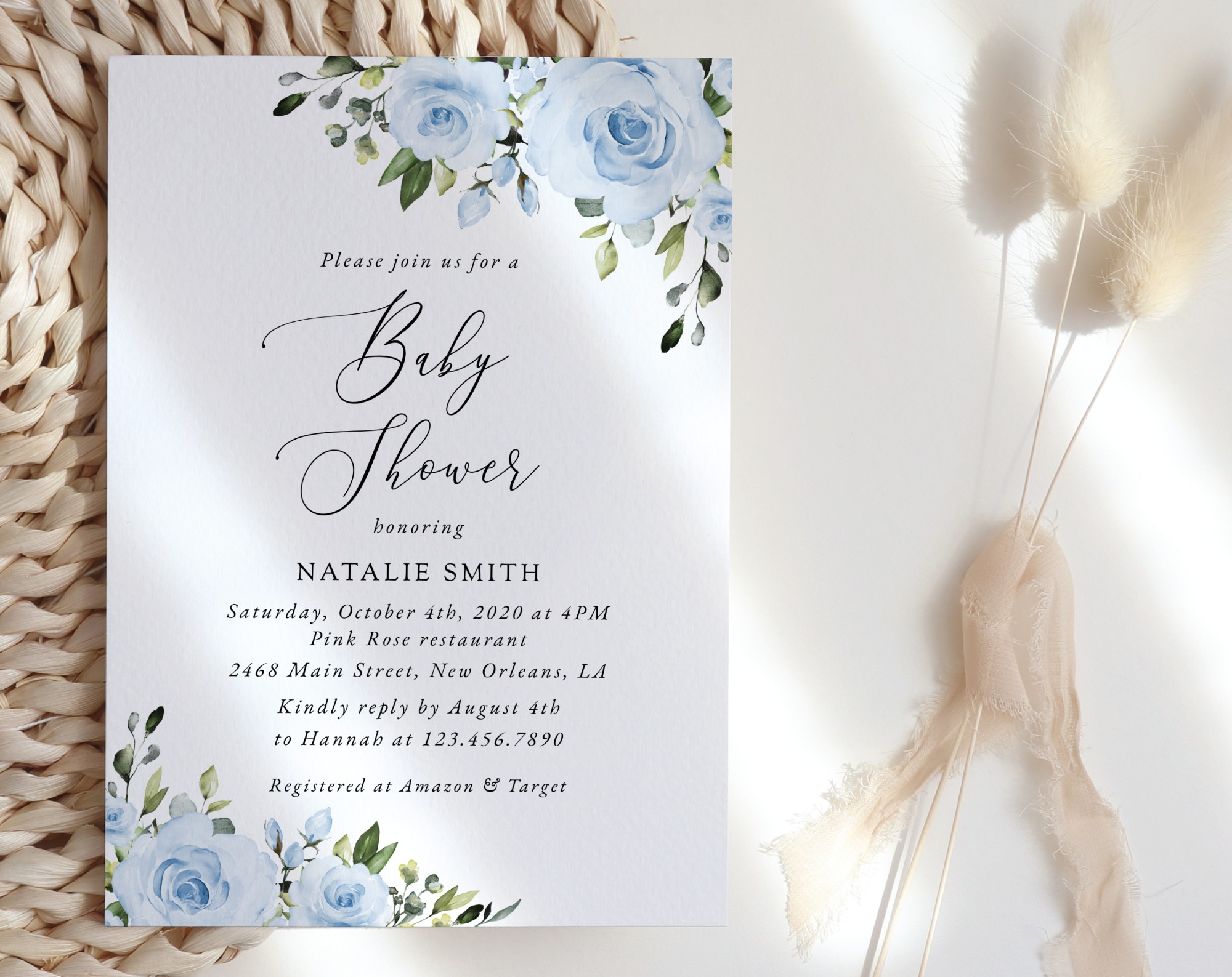 Dusty Blue Flowers Baby Shower Invitation, Girl Baby Shower, Printable File, Edit Yourself, SH194