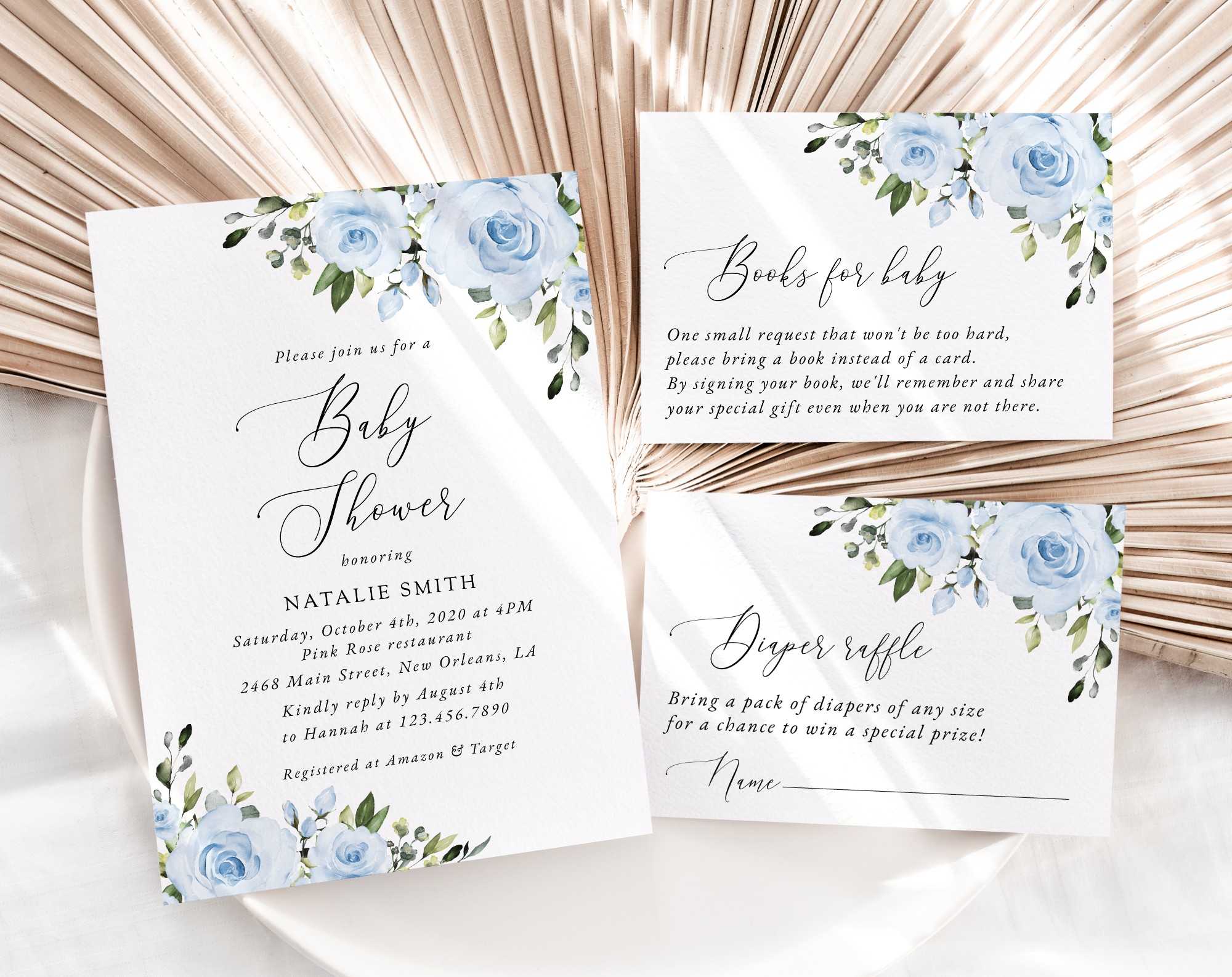 Dusty Blue Flowers Baby Shower Invitation Suite, Girl Baby Shower, Printable File, Edit Yourself, SH194