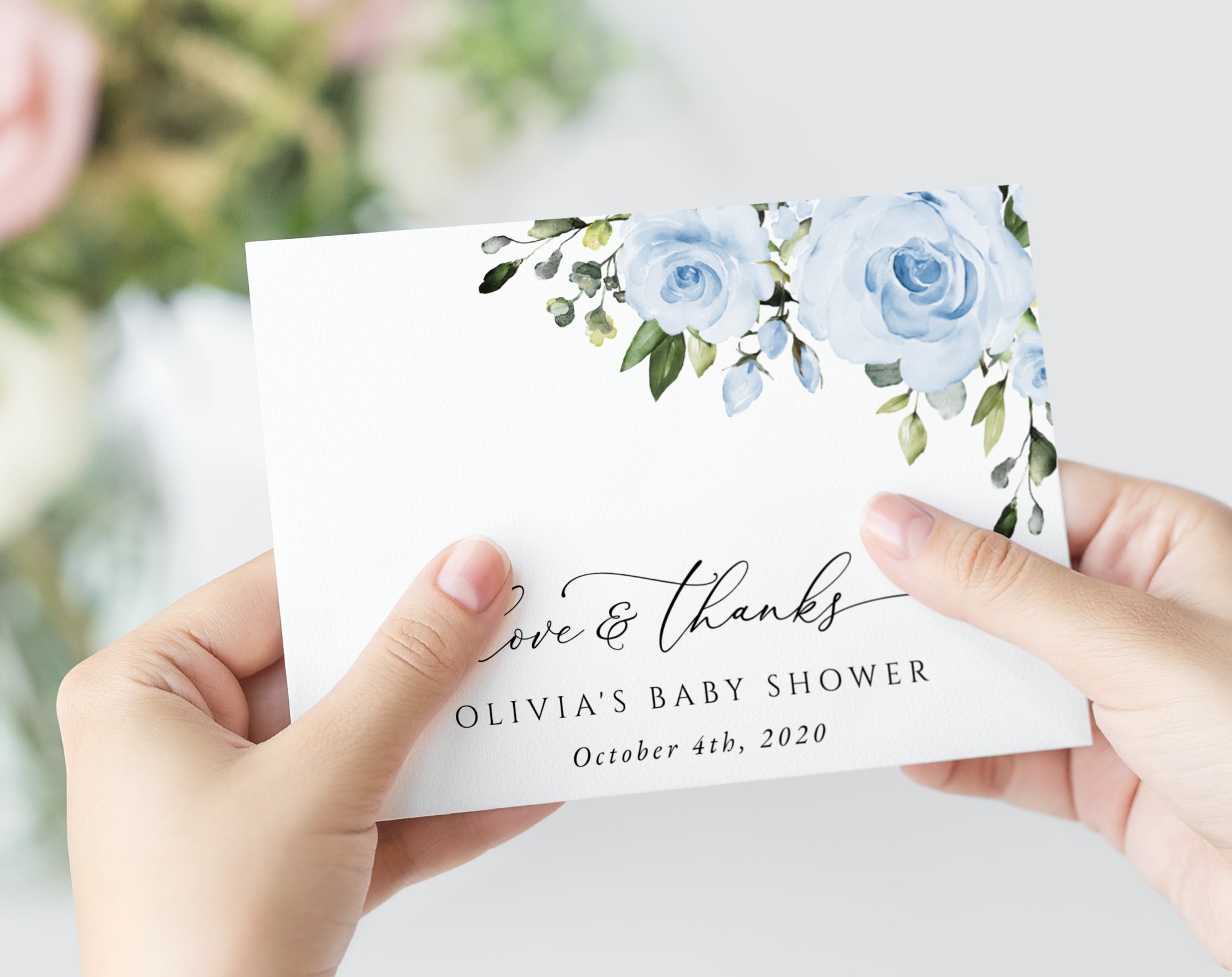 Dusty Blue Flowers Thank You Card, Girl Baby Shower, Printable File, Edit Yourself, SH194