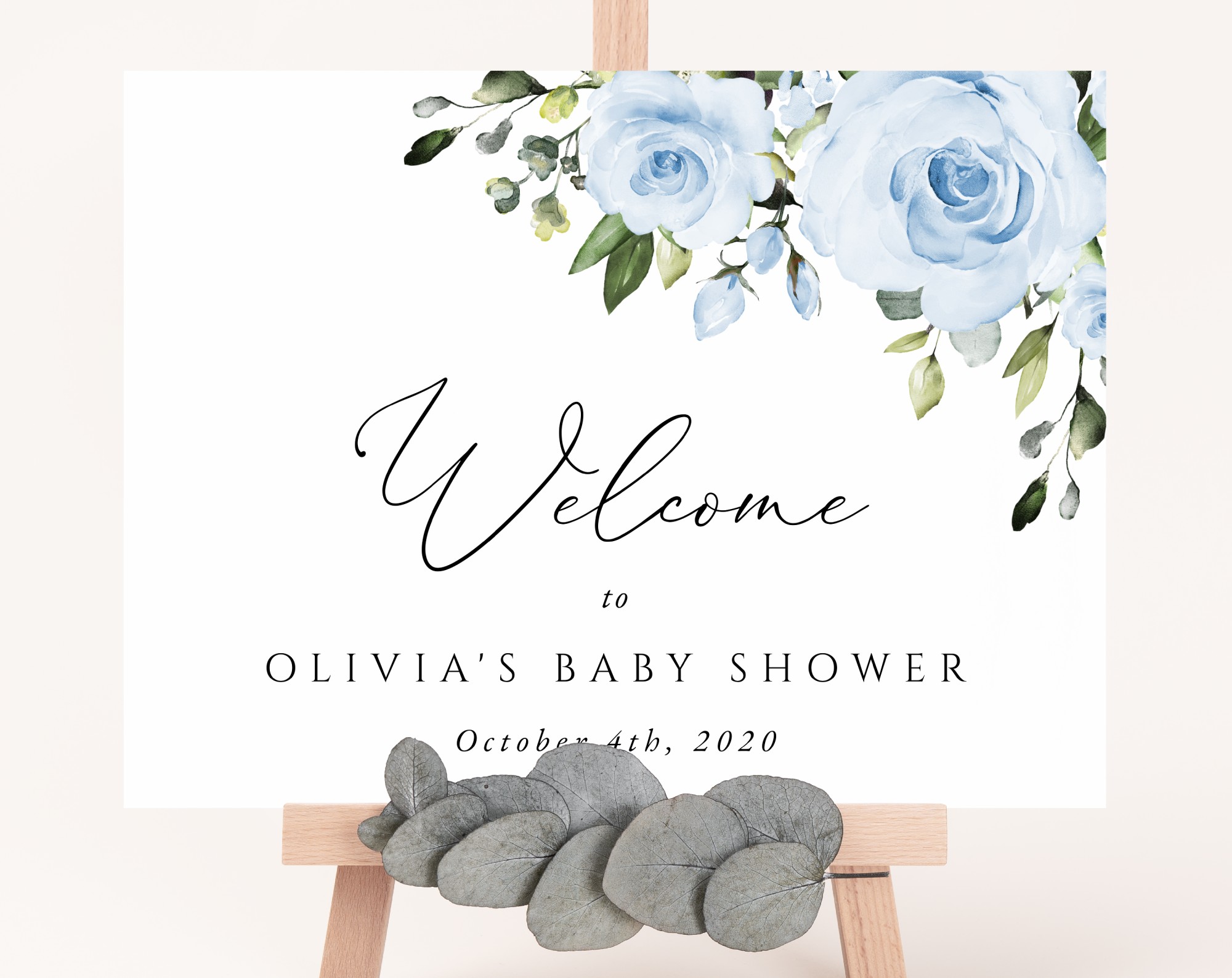 Dusty Blue Flowers Welcome Sign, Baby Shower Sign, Boy Baby Shower, Printable File, Edit Yourself, SH194