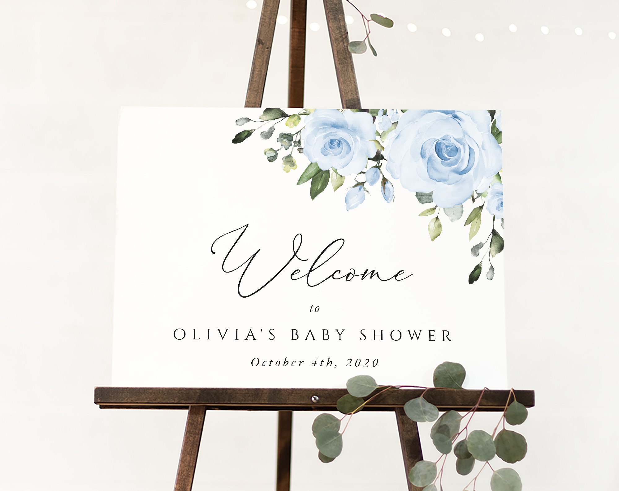 Dusty Blue Flowers Welcome Sign, Baby Shower Sign, Girl Baby Shower, Printable File, Edit Yourself, SH194