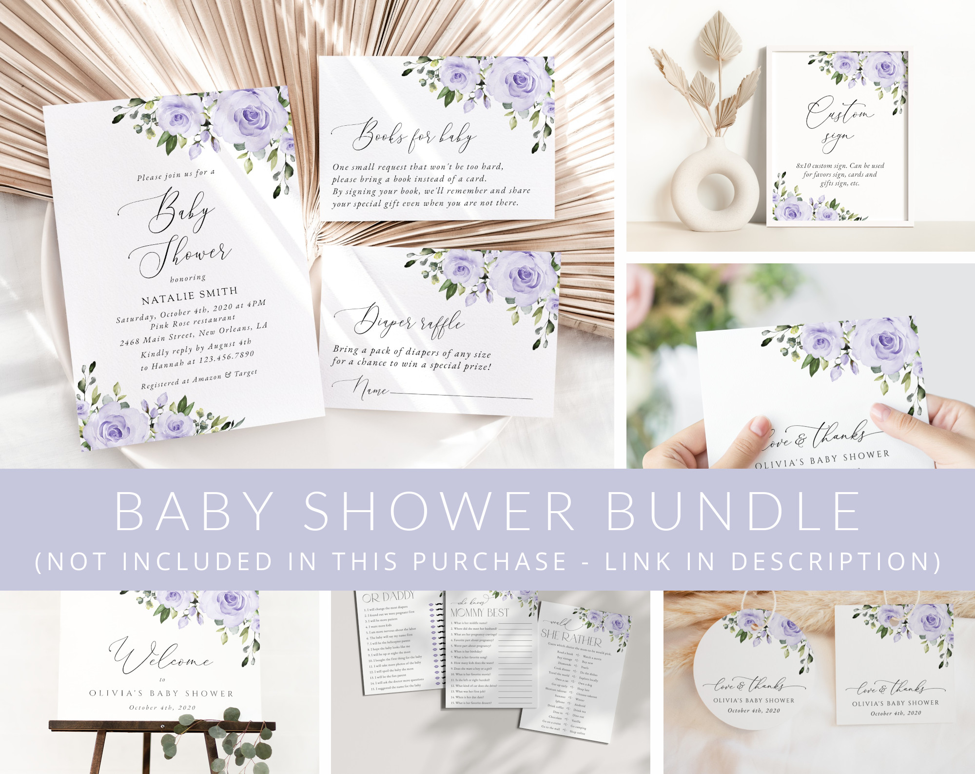 Purple Flowers Baby Shower Mini Bundle, Girl Baby Shower, Printable File, Edit Yourself, SH195