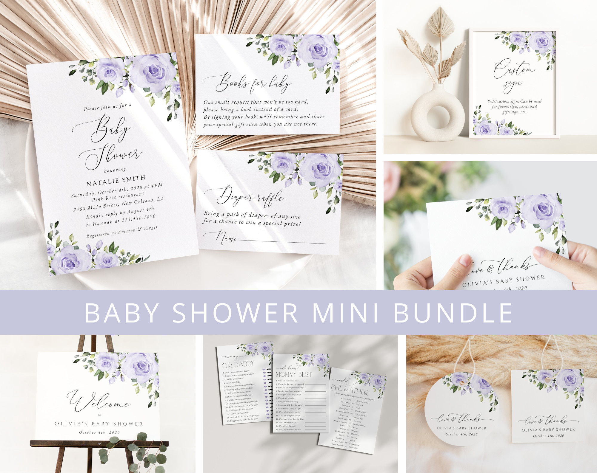 Purple Flowers Baby Shower Mini Bundle, Girl Baby Shower, Printable File, Edit Yourself, SH195 Purple Flowers Baby Shower Mini Bundle, Girl Baby Shower, Printable File, Edit Yourself, SH195