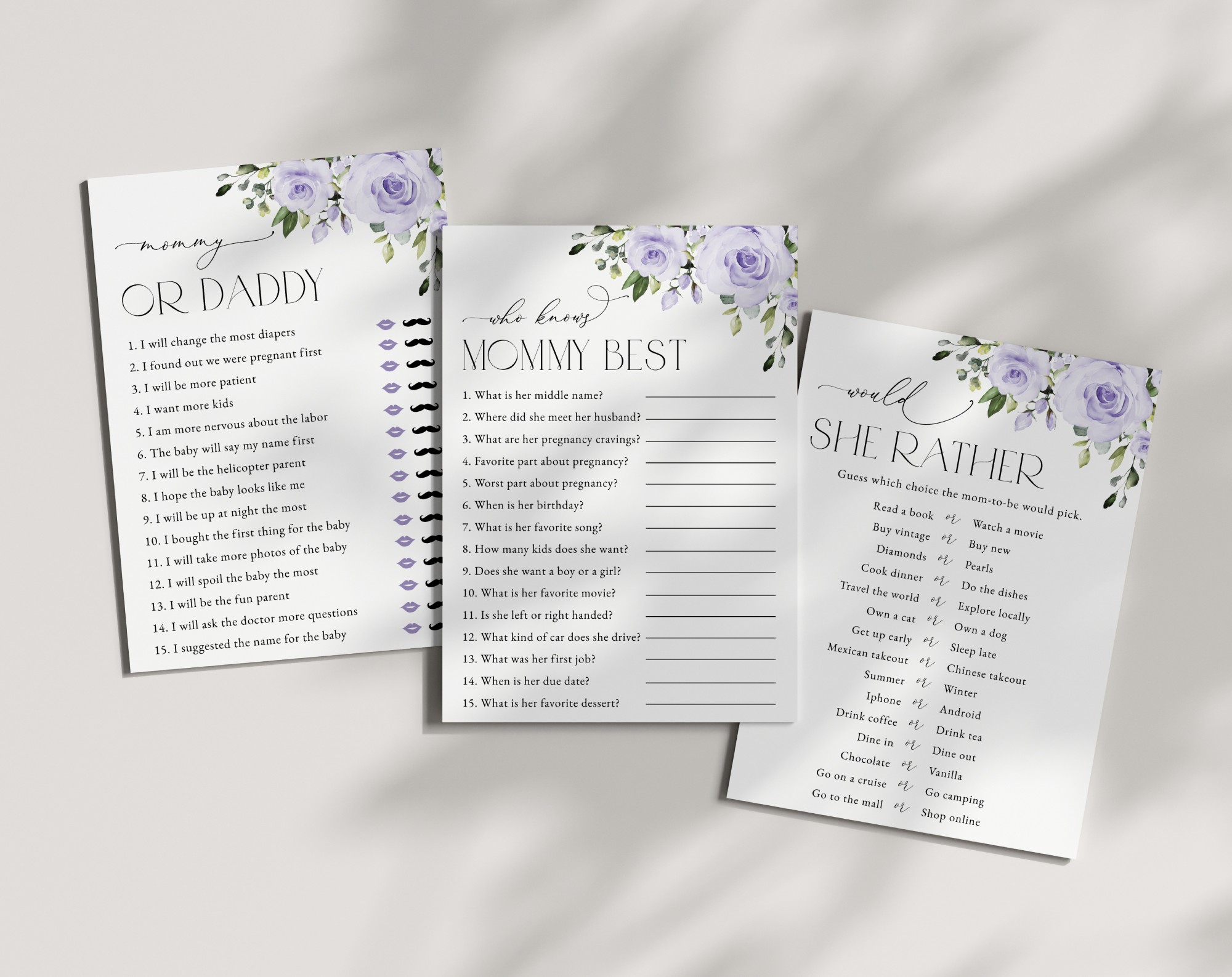 Purple Flowers Baby Shower Games, Set of 3 Games, Girl Baby Shower, Printable File, Edit Yourself, SH195