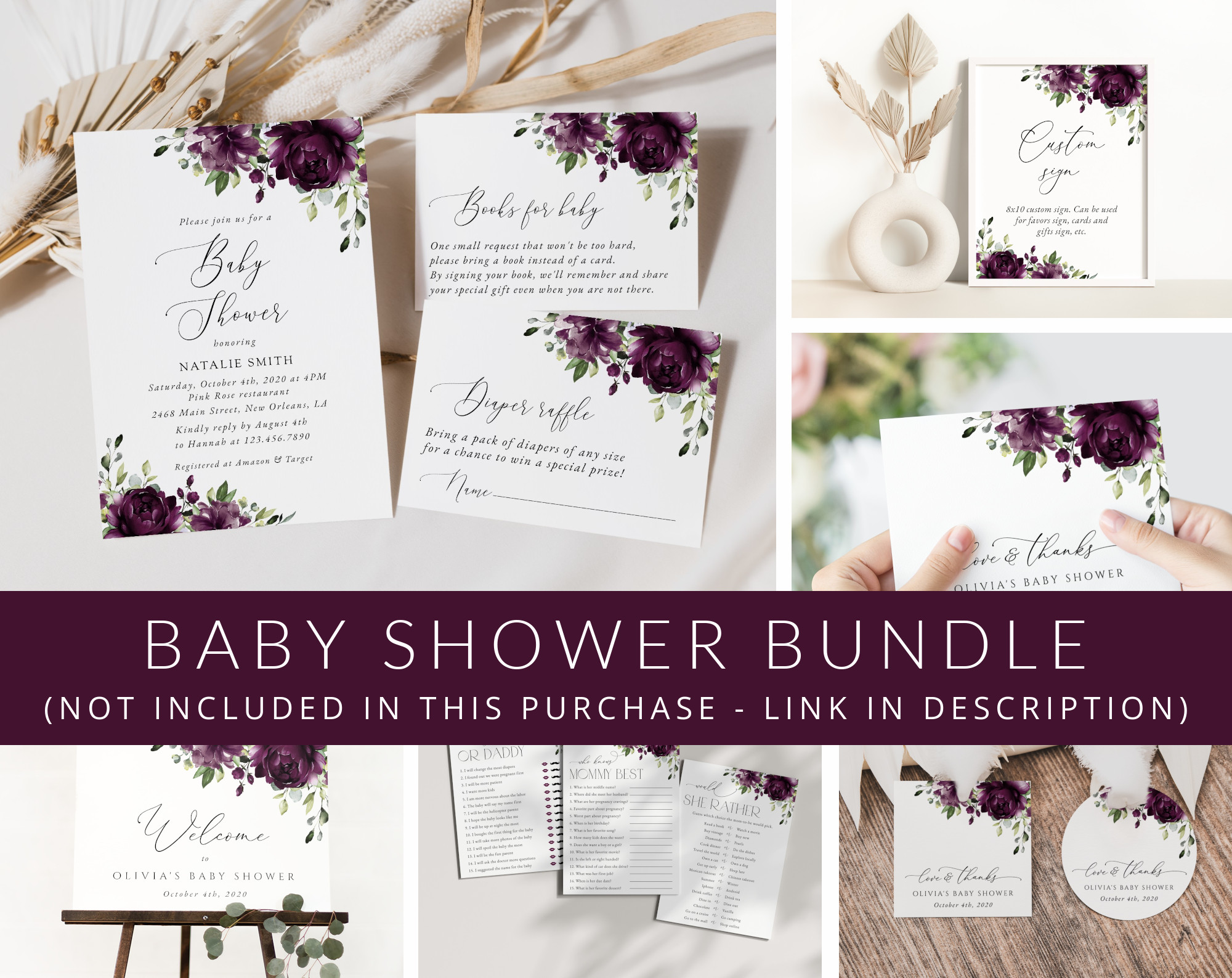Plum Purple Flowers Baby Shower Mini Bundle, Girl Baby Shower, Printable File, Edit Yourself, SH196