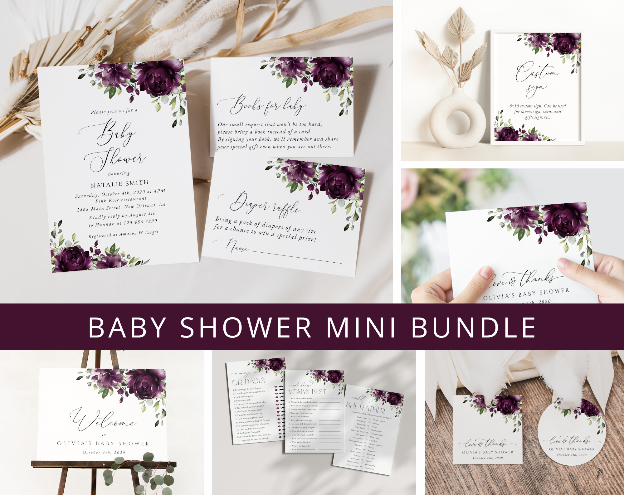 Plum Purple Flowers Baby Shower Mini Bundle, Girl Baby Shower, Printable File, Edit Yourself, SH196 Plum Purple Flowers Baby Shower Mini Bundle, Girl Baby Shower, Printable File, Edit Yourself, SH196