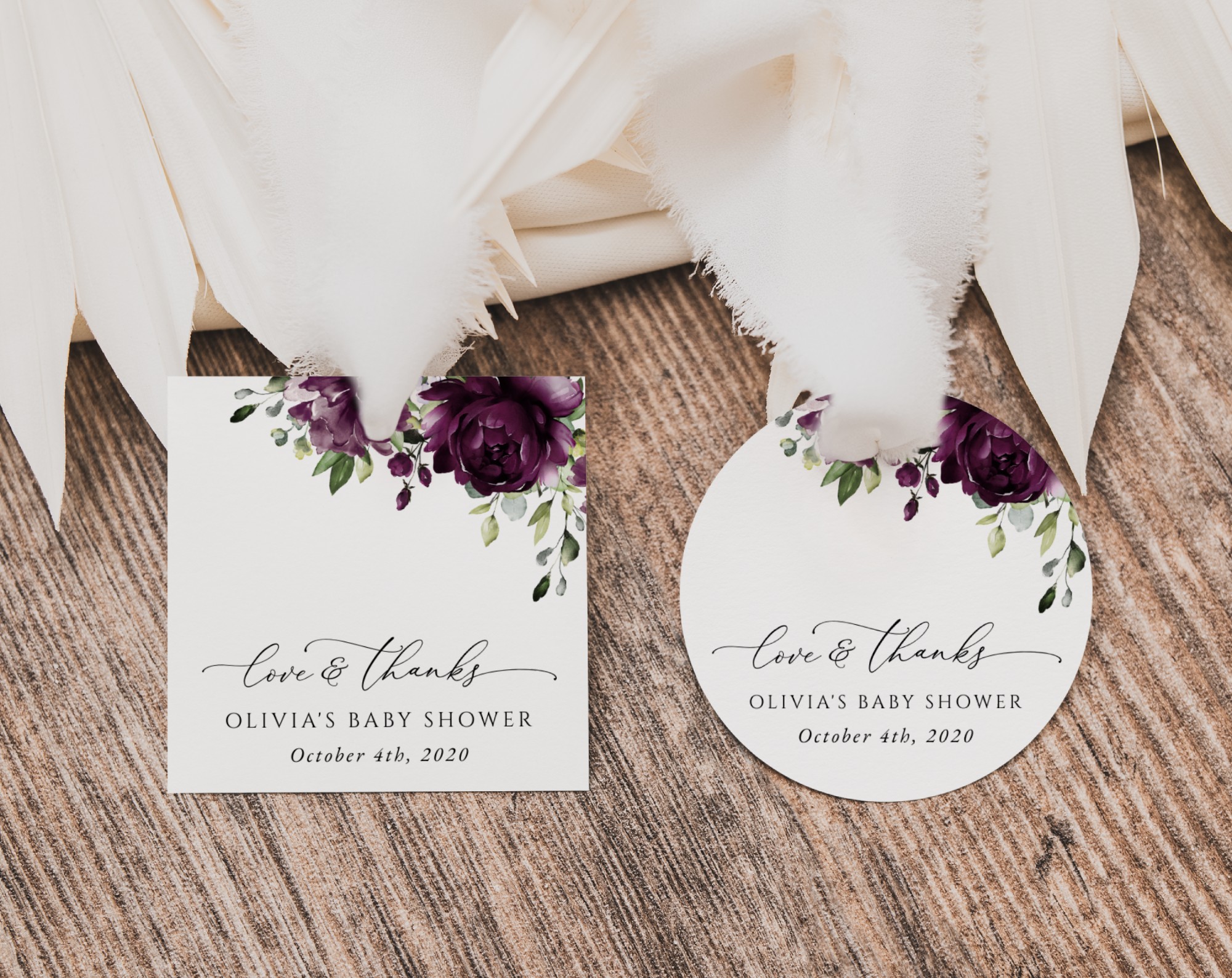 Plum Purple Flowers Favor Tags, Gift Tags, Party Tags, Girl Baby Shower, Printable File, Edit Yourself, SH196
