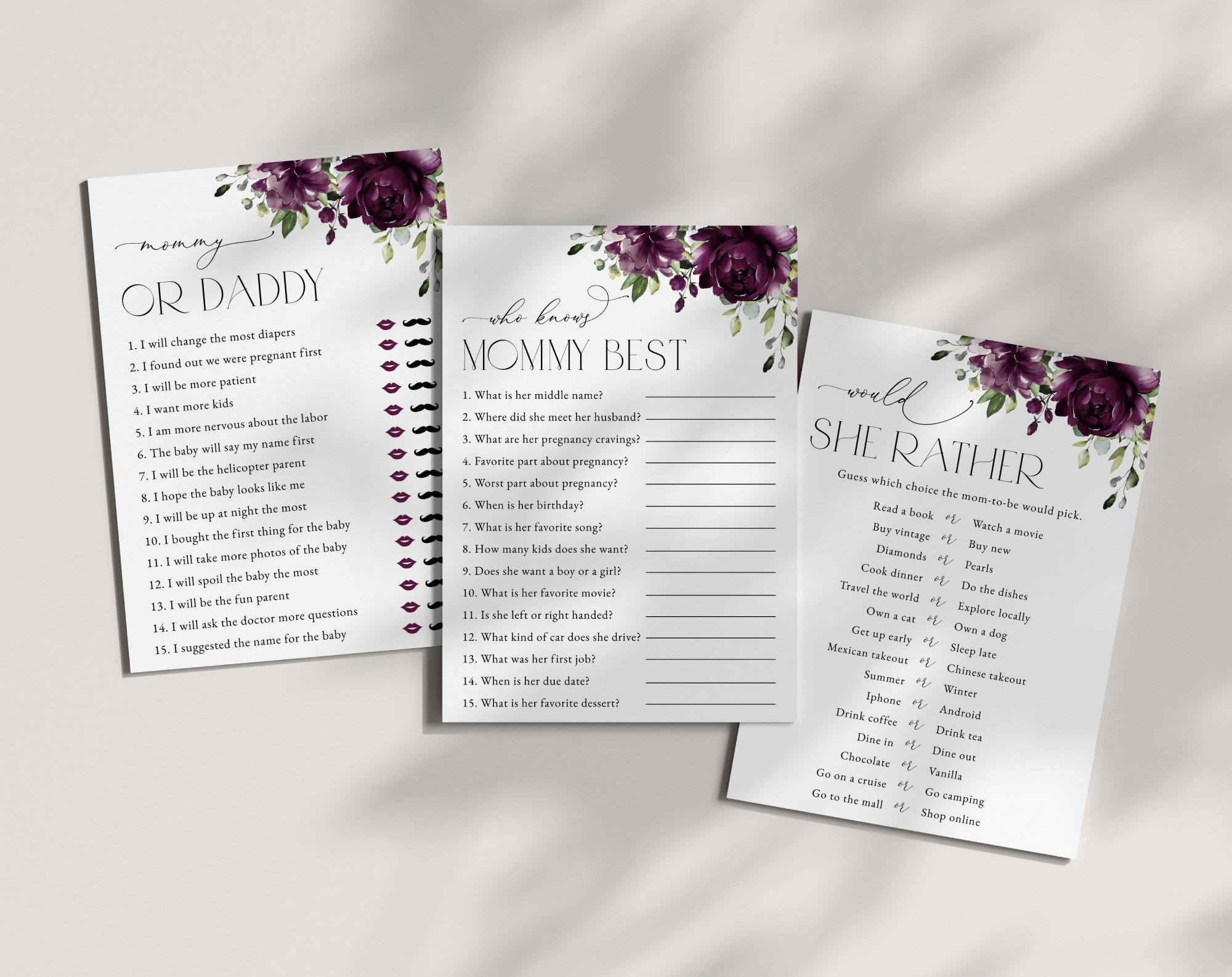 Plum Purple Flowers Baby Shower Games, Set of 3 Games, Girl Baby Shower, Printable File, Edit Yourself, SH196 Plum Purple Flowers Baby Shower Games, Set of 3 Games, Girl Baby Shower, Printable File, Edit Yourself, SH196