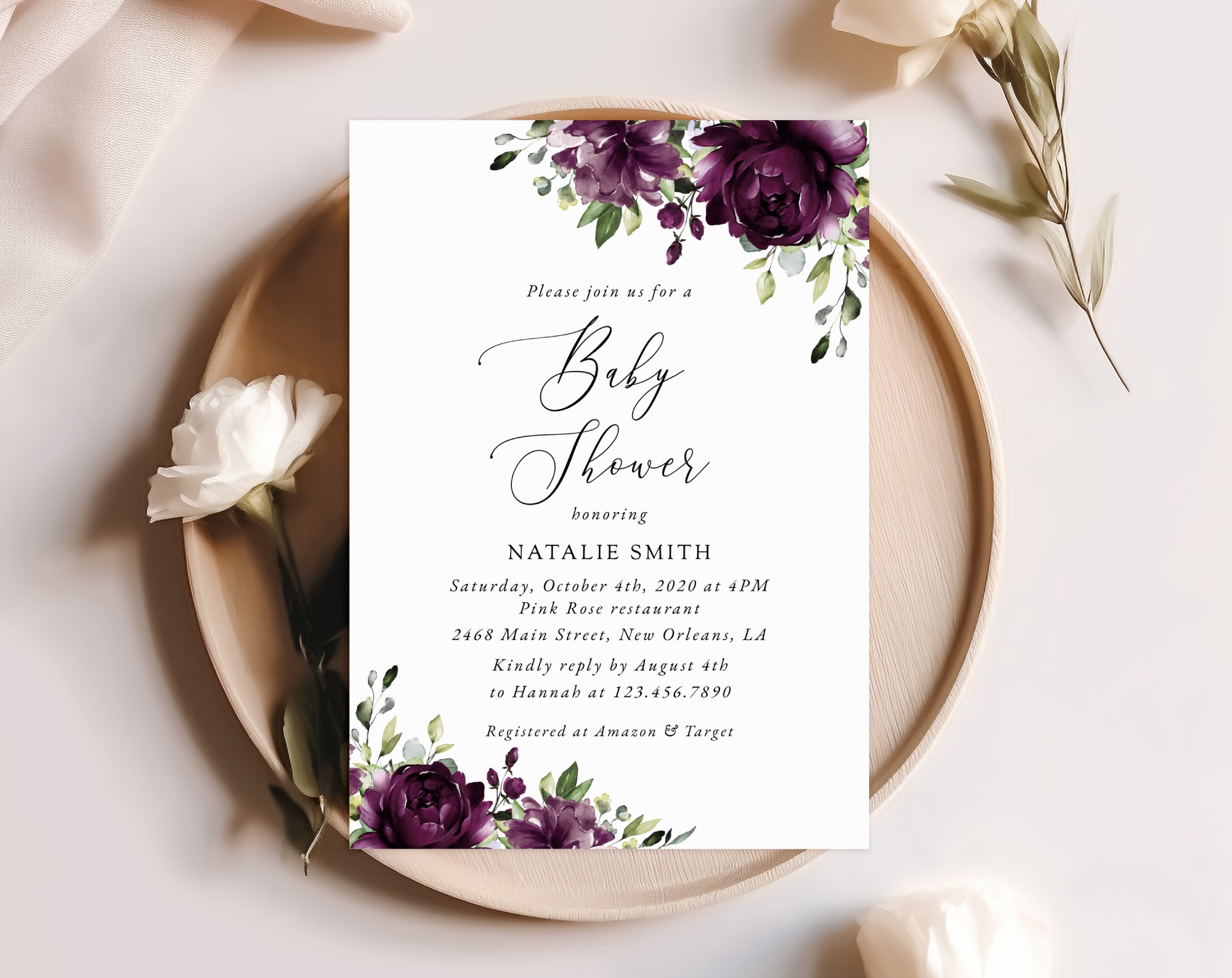 Plum Purple Flowers Baby Shower Invitation, Girl Baby Shower, Printable File, Edit Yourself, SH196