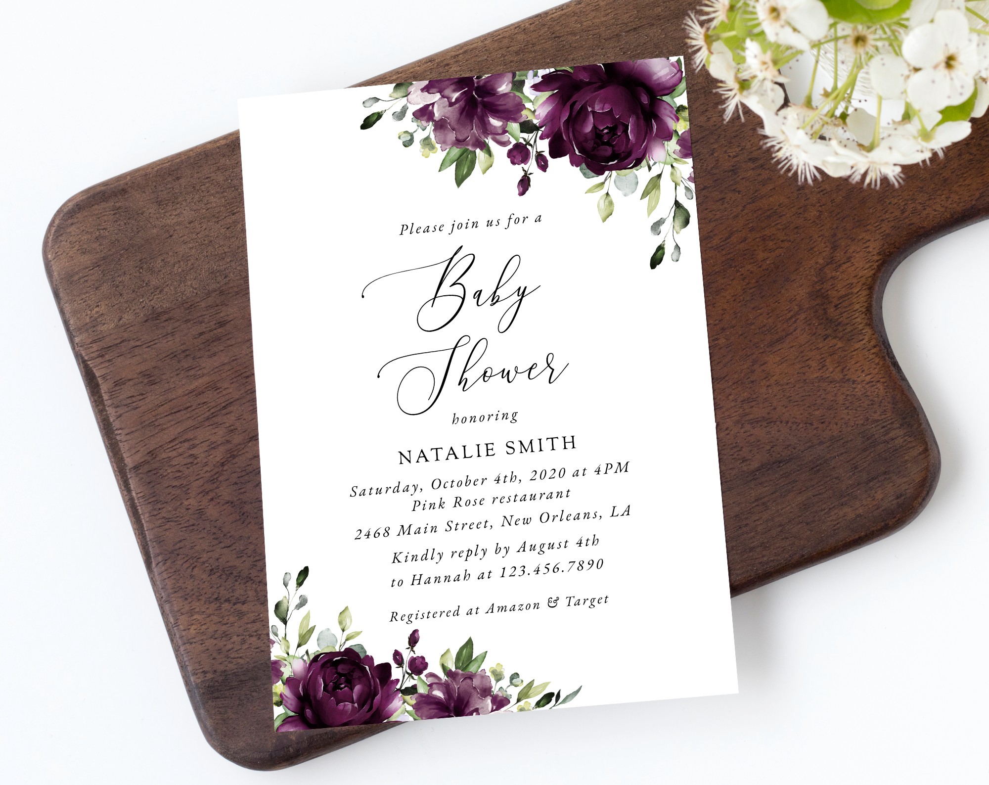 Plum Purple Flowers Baby Shower Invitation, Girl Baby Shower, Printable File, Edit Yourself, SH196