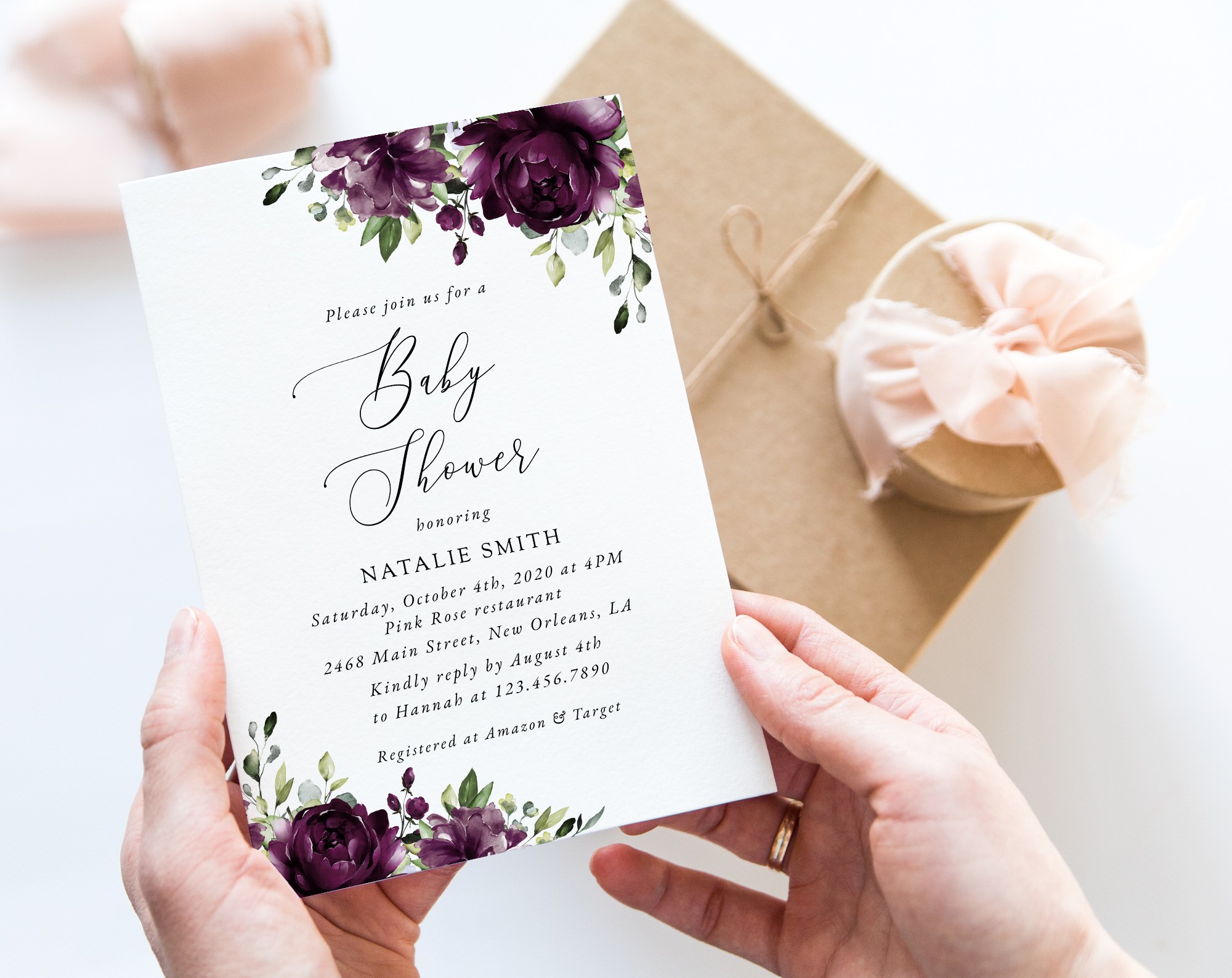 Plum Purple Flowers Baby Shower Invitation, Girl Baby Shower, Printable File, Edit Yourself, SH196