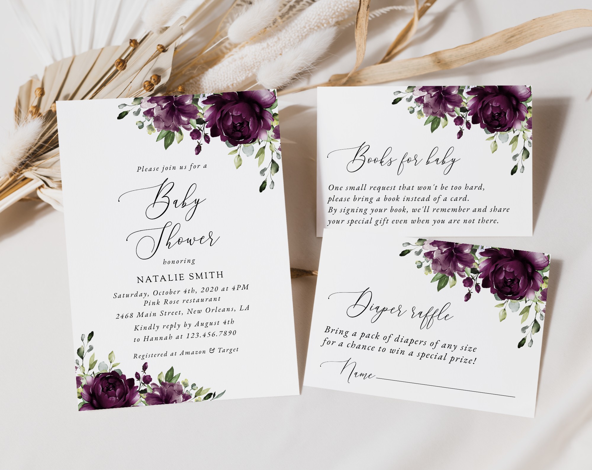 Plum Purple Flowers Baby Shower Invitation Suite, Girl Baby Shower, Printable File, Edit Yourself, SH196 Plum Purple Flowers Baby Shower Invitation Suite, Girl Baby Shower, Printable File, Edit Yourself, SH196