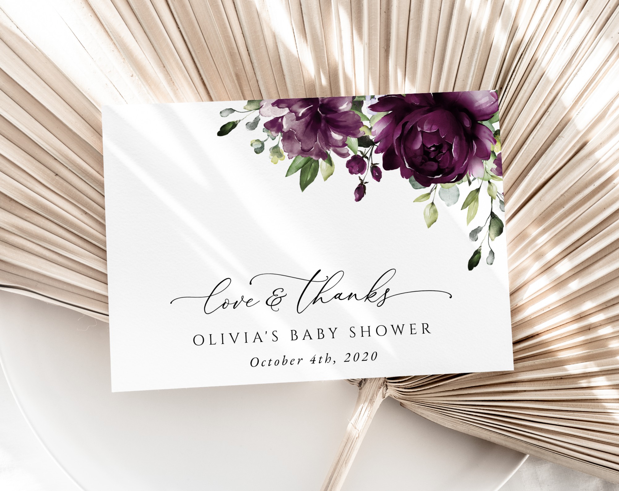 Plum Purple Flowers Thank You Card, Girl Baby Shower, Printable File, Edit Yourself, SH196