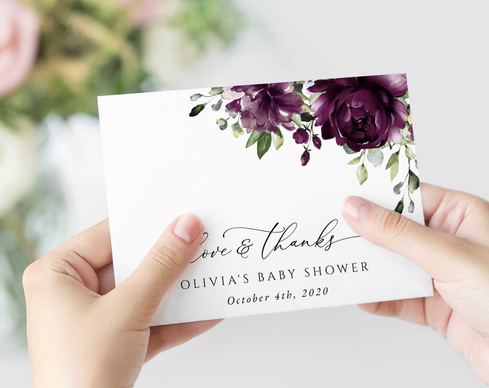 Plum Purple Flowers Thank You Card, Girl Baby Shower, Printable File, Edit Yourself, SH196