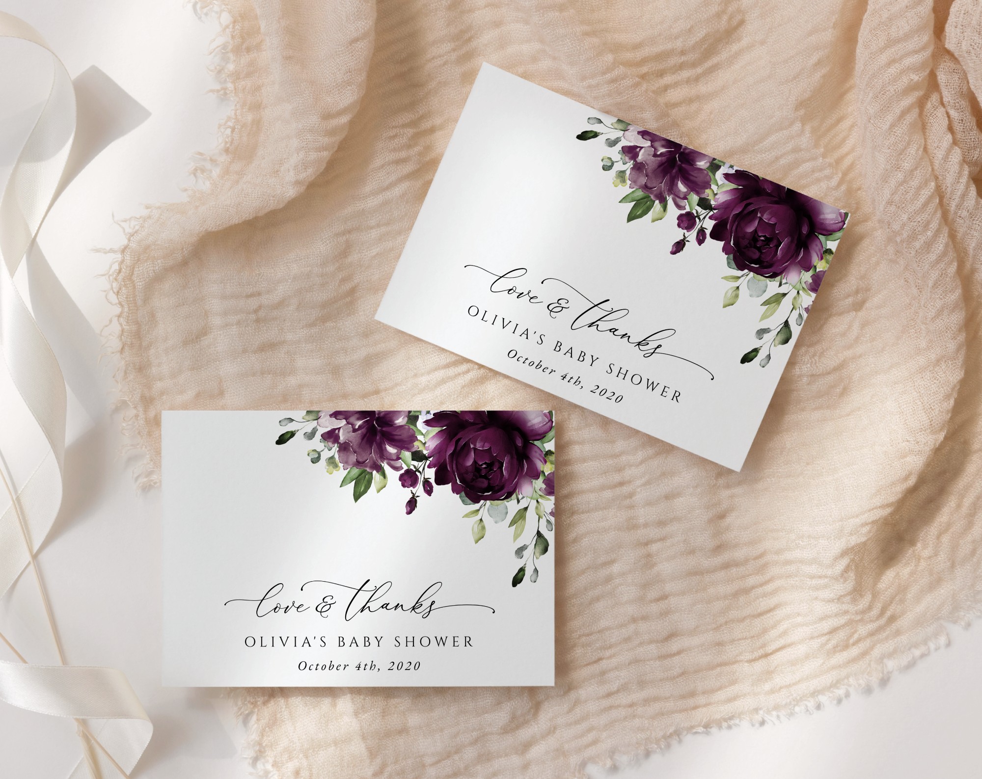 Plum Purple Flowers Thank You Card, Girl Baby Shower, Printable File, Edit Yourself, SH196