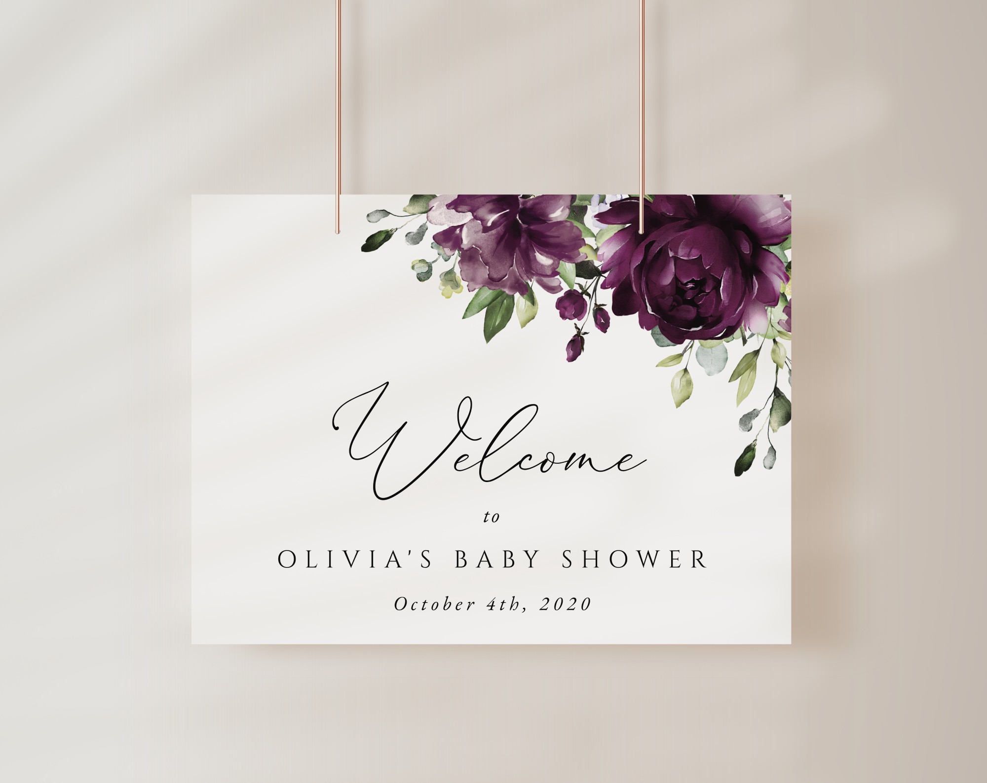 Plum Purple Flowers Welcome Sign, Baby Shower Sign, Girl Baby Shower, Printable File, Edit Yourself, SH196