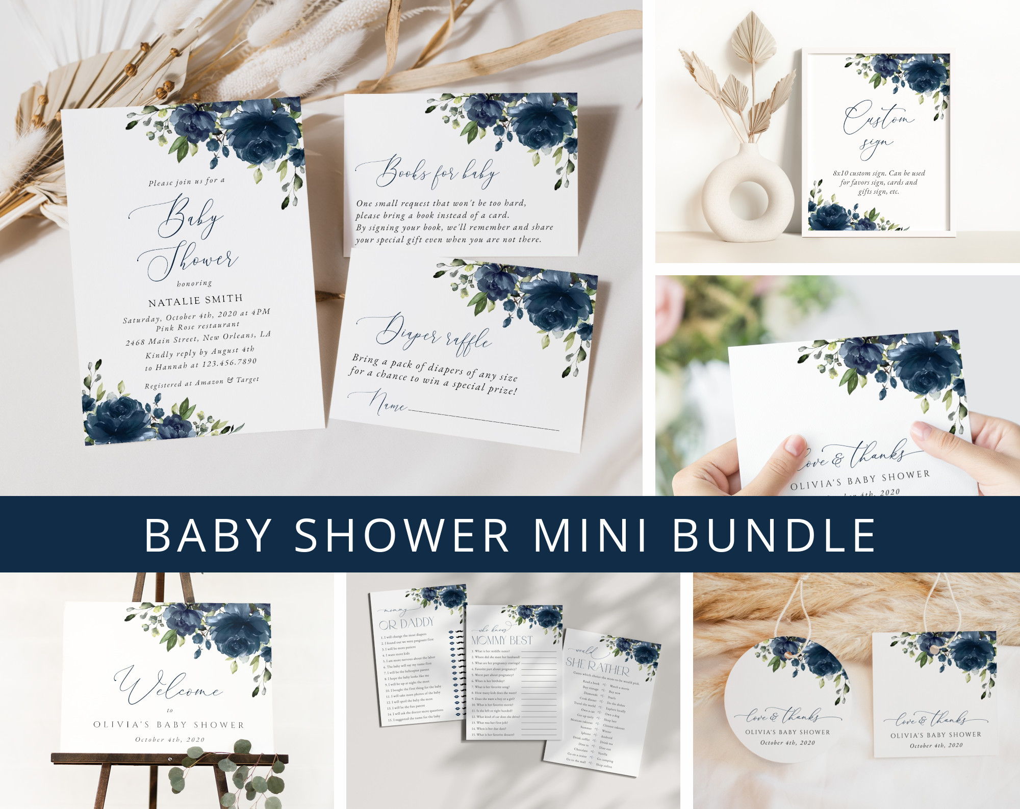 Navy Blue Flowers Baby Shower Mini Bundle, Boy Baby Shower, Printable File, Edit Yourself, SH197 Navy Blue Flowers Baby Shower Mini Bundle, Boy Baby Shower, Printable File, Edit Yourself, SH197