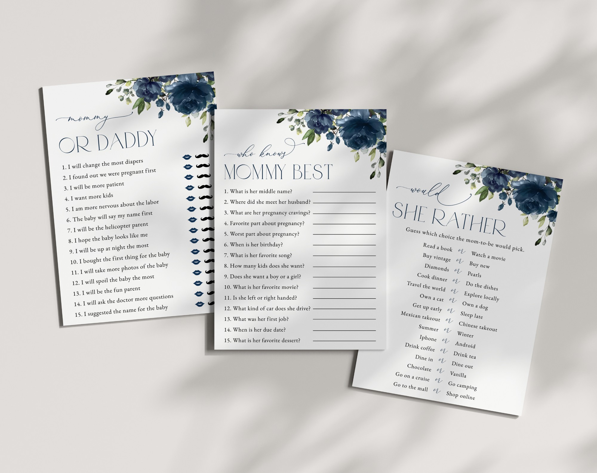 Navy Blue Flowers Baby Shower Games, Set of 3 Games, Boy Baby Shower, Printable File, Edit Yourself, SH197 Navy Blue Flowers Baby Shower Games, Set of 3 Games, Boy Baby Shower, Printable File, Edit Yourself, SH197