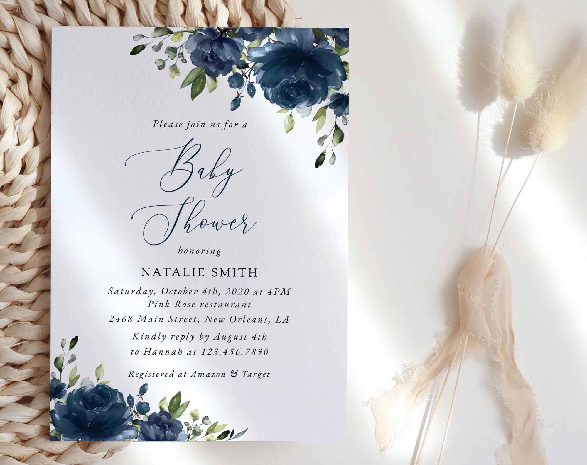 Navy Blue Flowers Baby Shower Invitation, Boy Baby Shower, Printable File, Edit Yourself, SH197