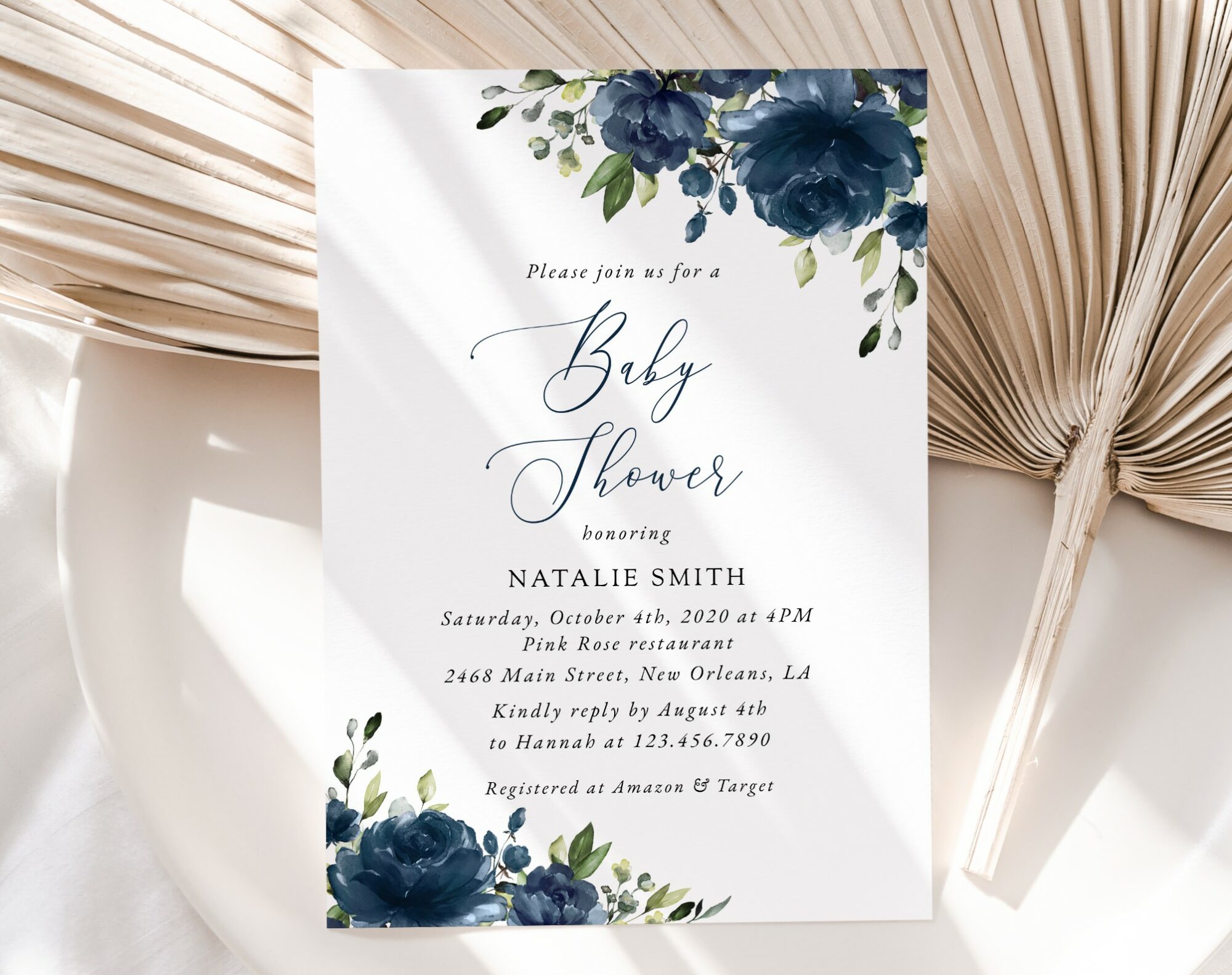 Navy Blue Flowers Baby Shower Invitation, Boy Baby Shower, Printable File, Edit Yourself, SH197