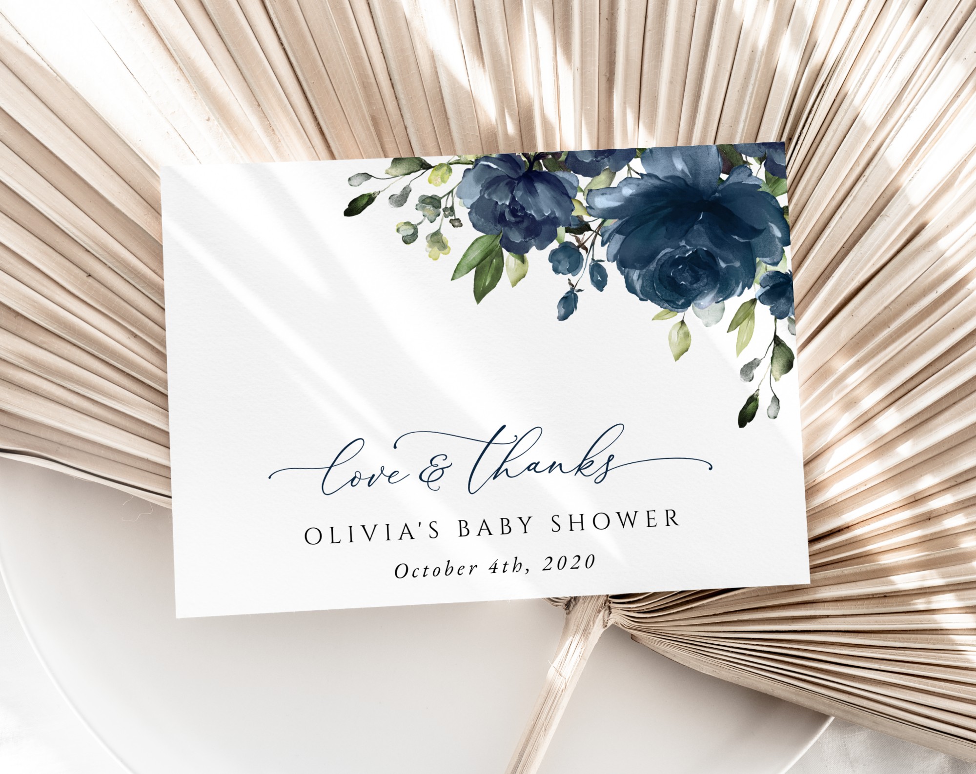 Navy Blue Flowers Thank You Card, Boy Baby Shower, Printable File, Edit Yourself, SH197