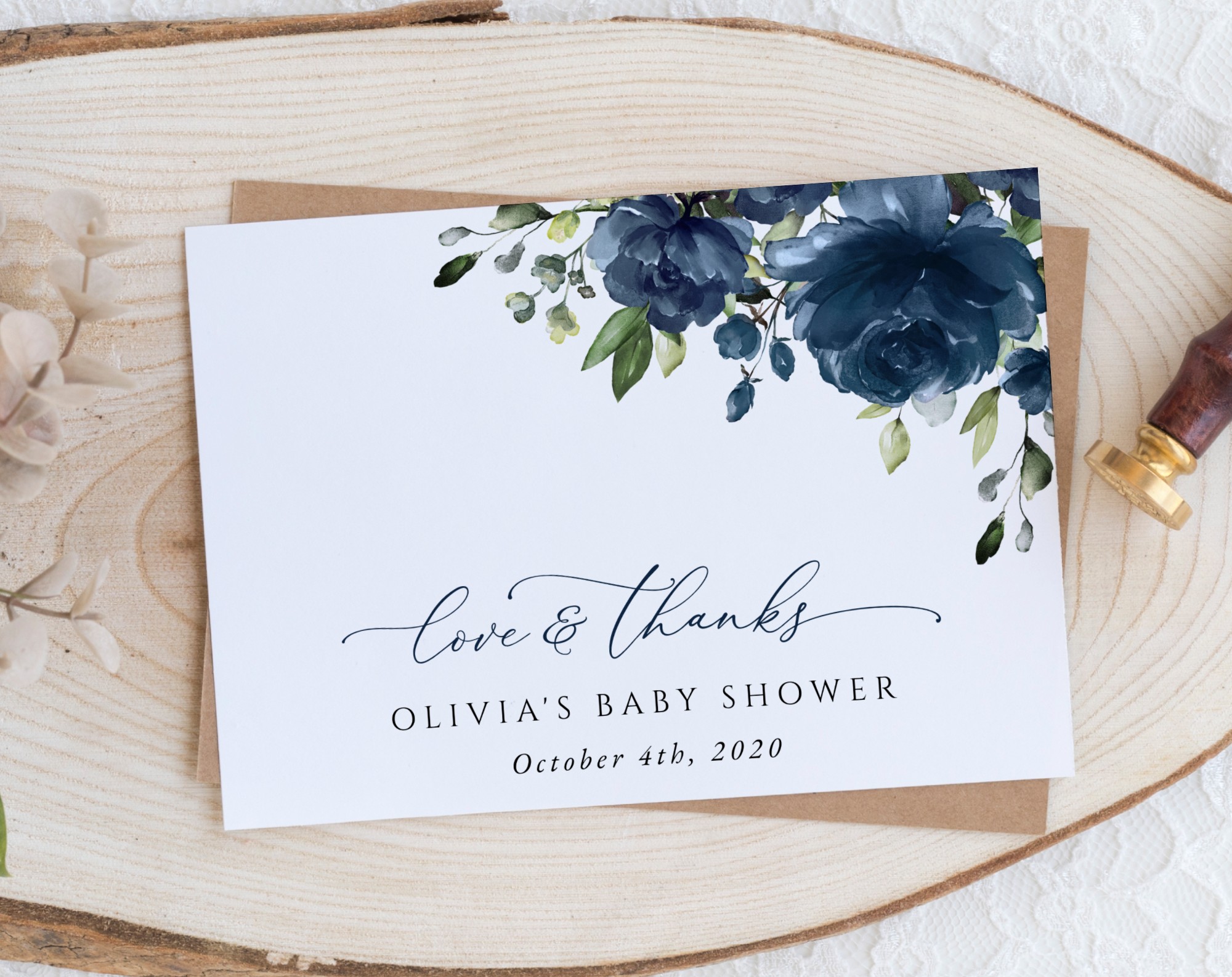 Navy Blue Flowers Thank You Card, Boy Baby Shower, Printable File, Edit Yourself, SH197