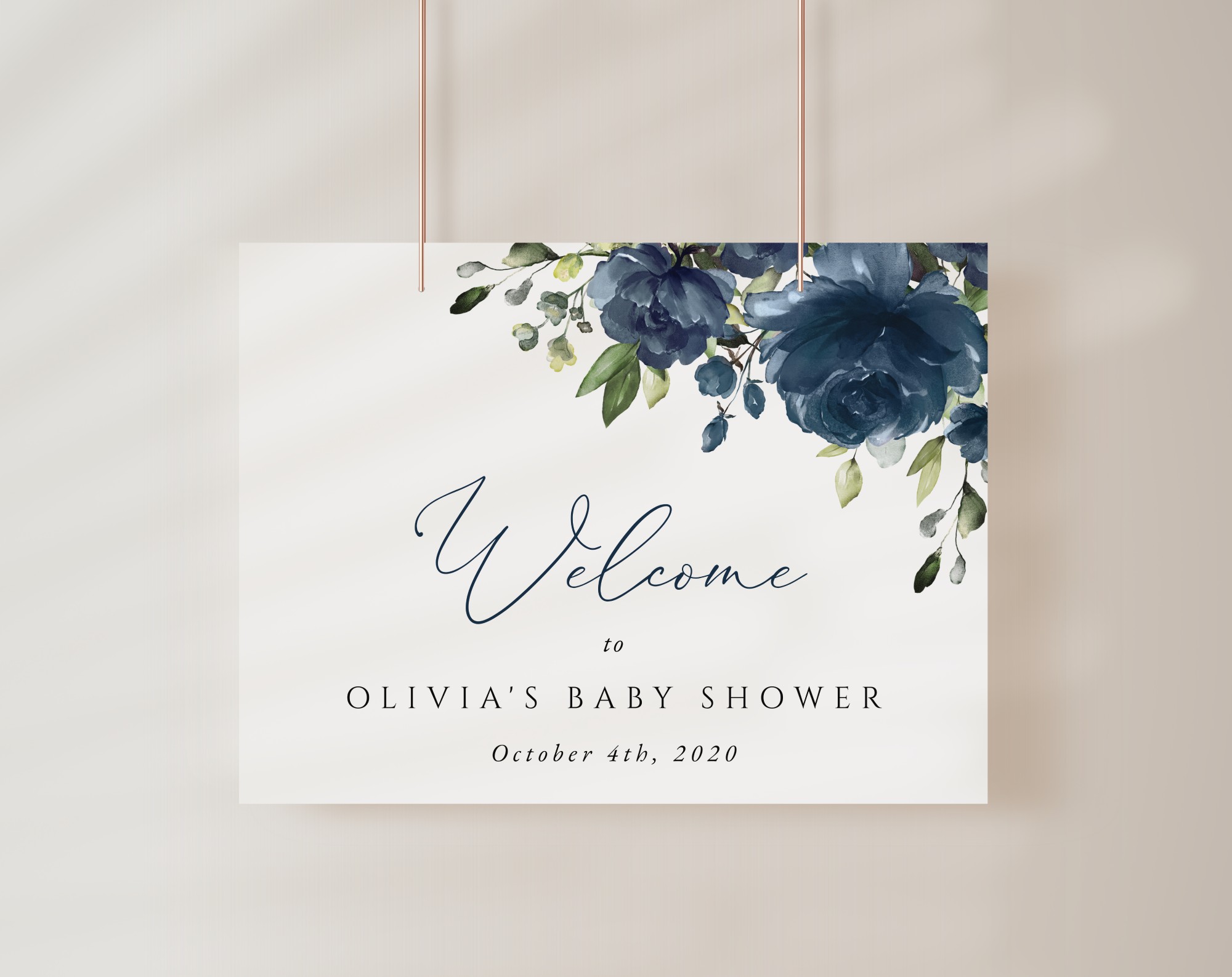 Navy Blue Flowers Welcome Sign, Baby Shower Sign, Boy Baby Shower, Printable File, Edit Yourself, SH197